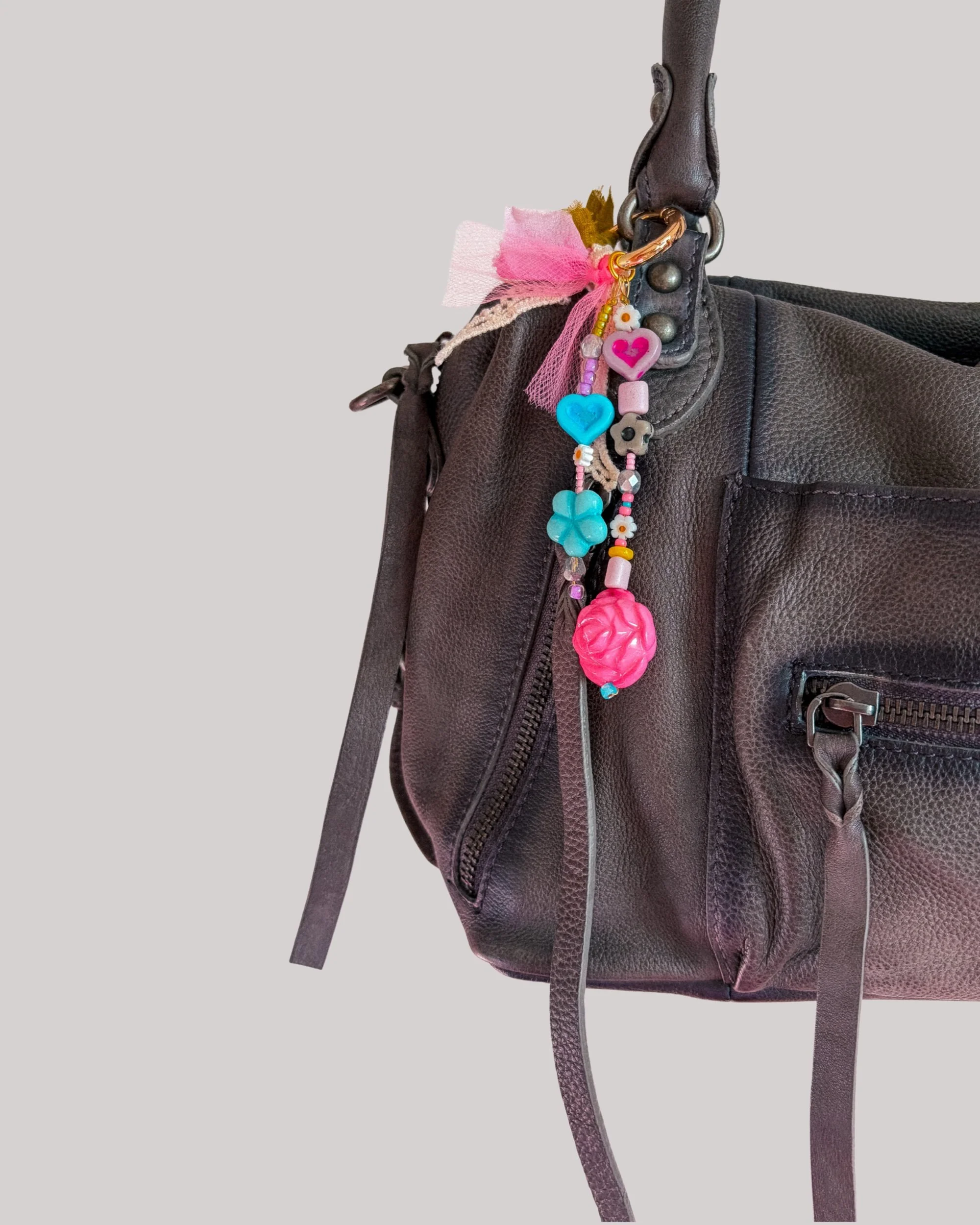 Rosette Charm, beaded bag charm with pink rose and heart beads