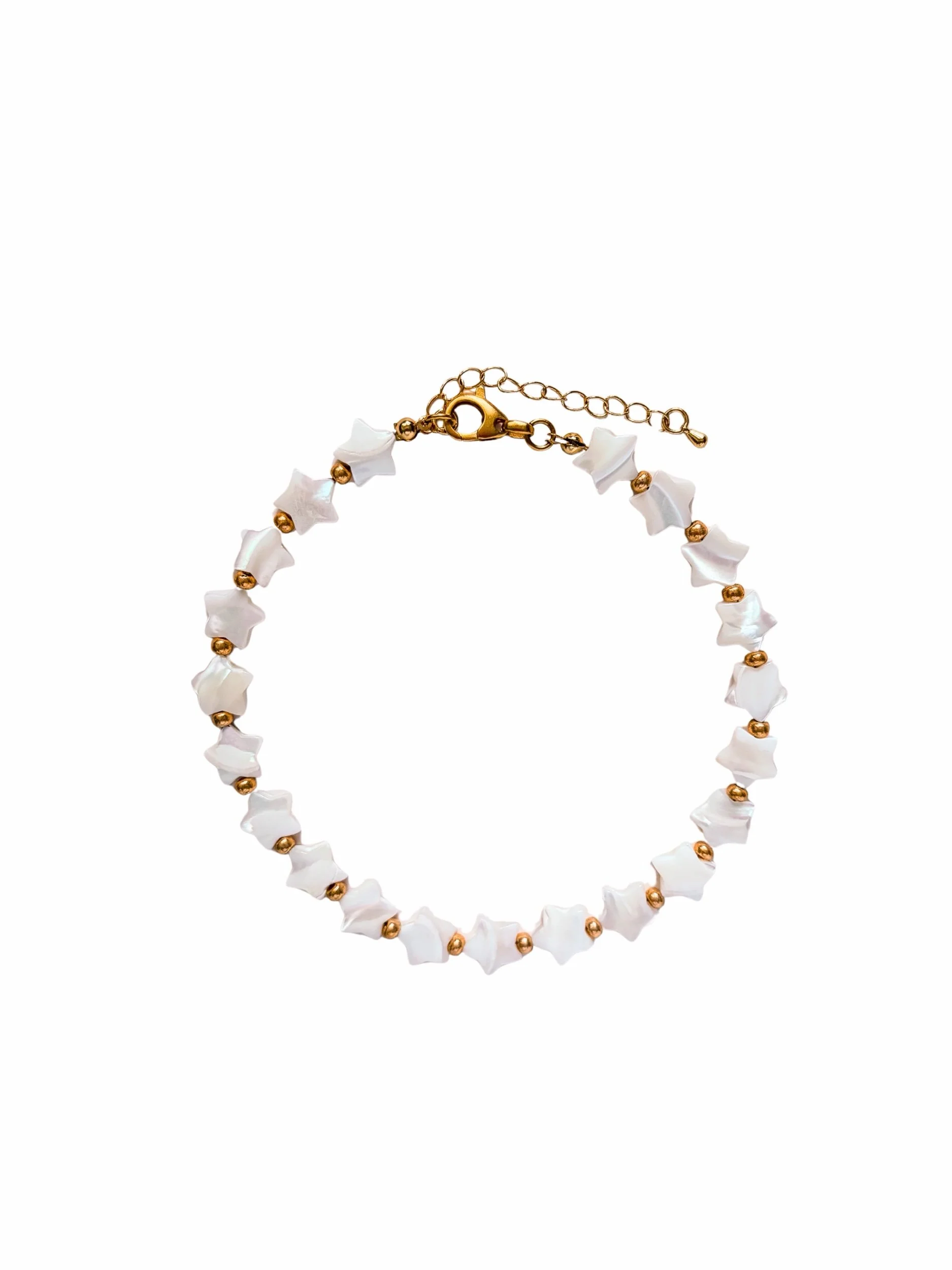 Stargazer Beaded Star Choker with white star beads, gold accents, and gold lobster clasp on a white background