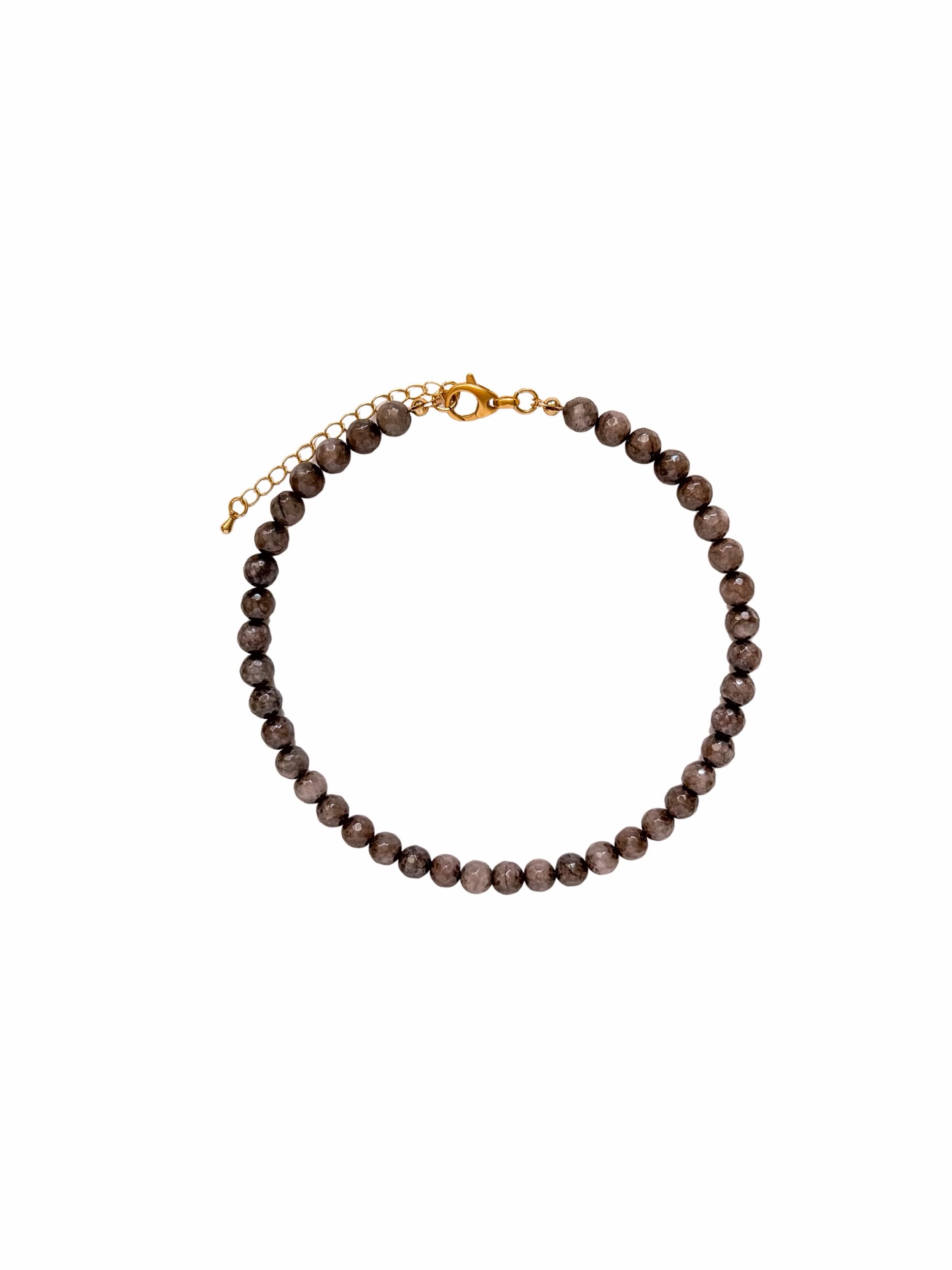Chestnut Brown Beaded Necklace with dark brown beads, gold lobster clasp, and extender chain on a white background