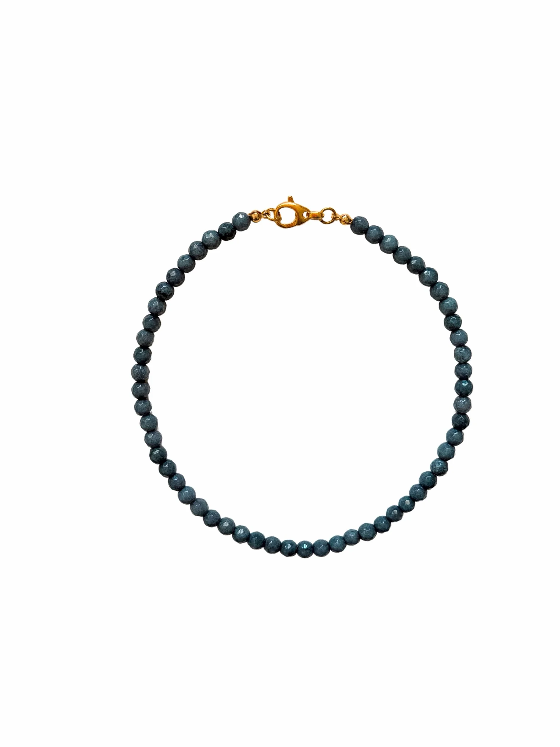 Stormy Gray beaded necklace with gold lobster clasp on a white background