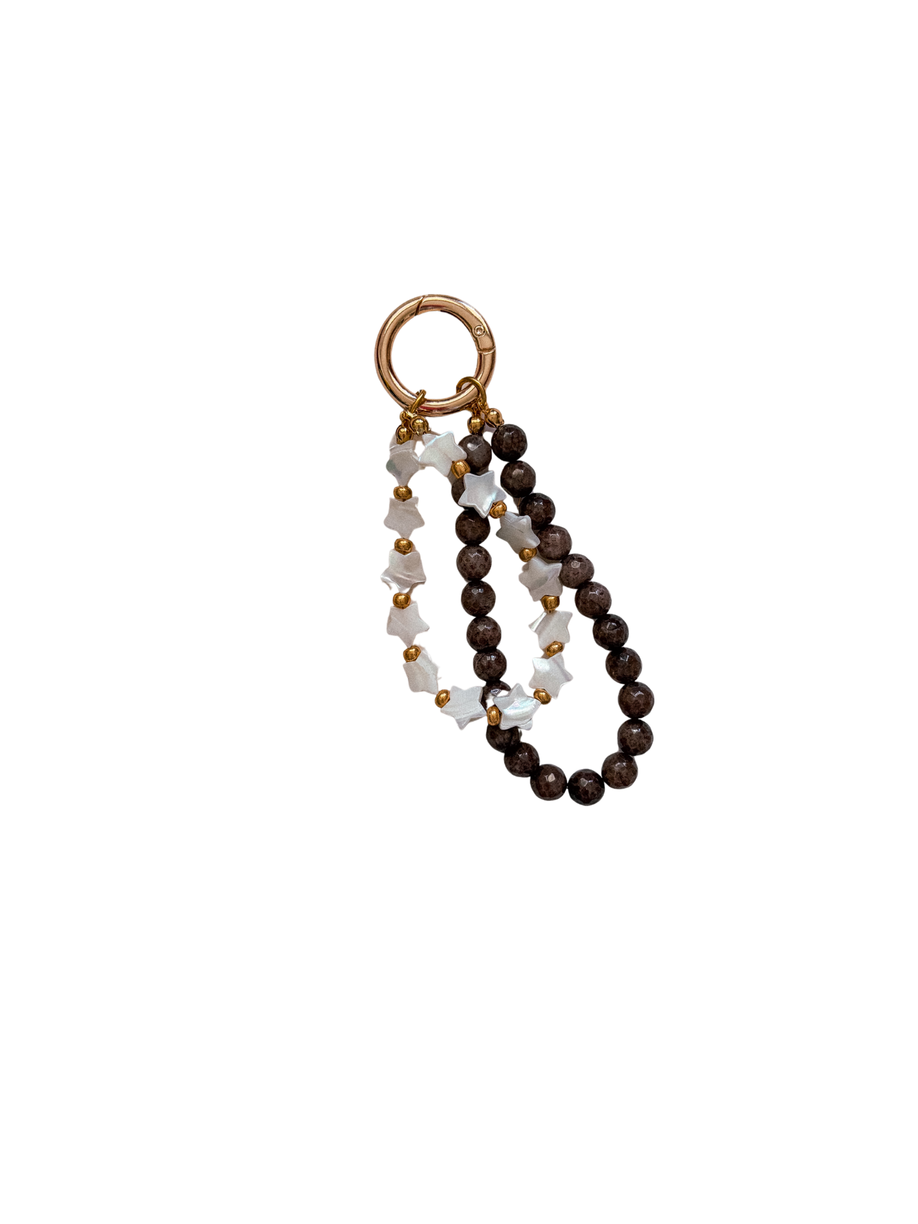 Stargazer Beaded Star Bag Charm with dark brown beads, white star beads, and gold ring clasp on a white background