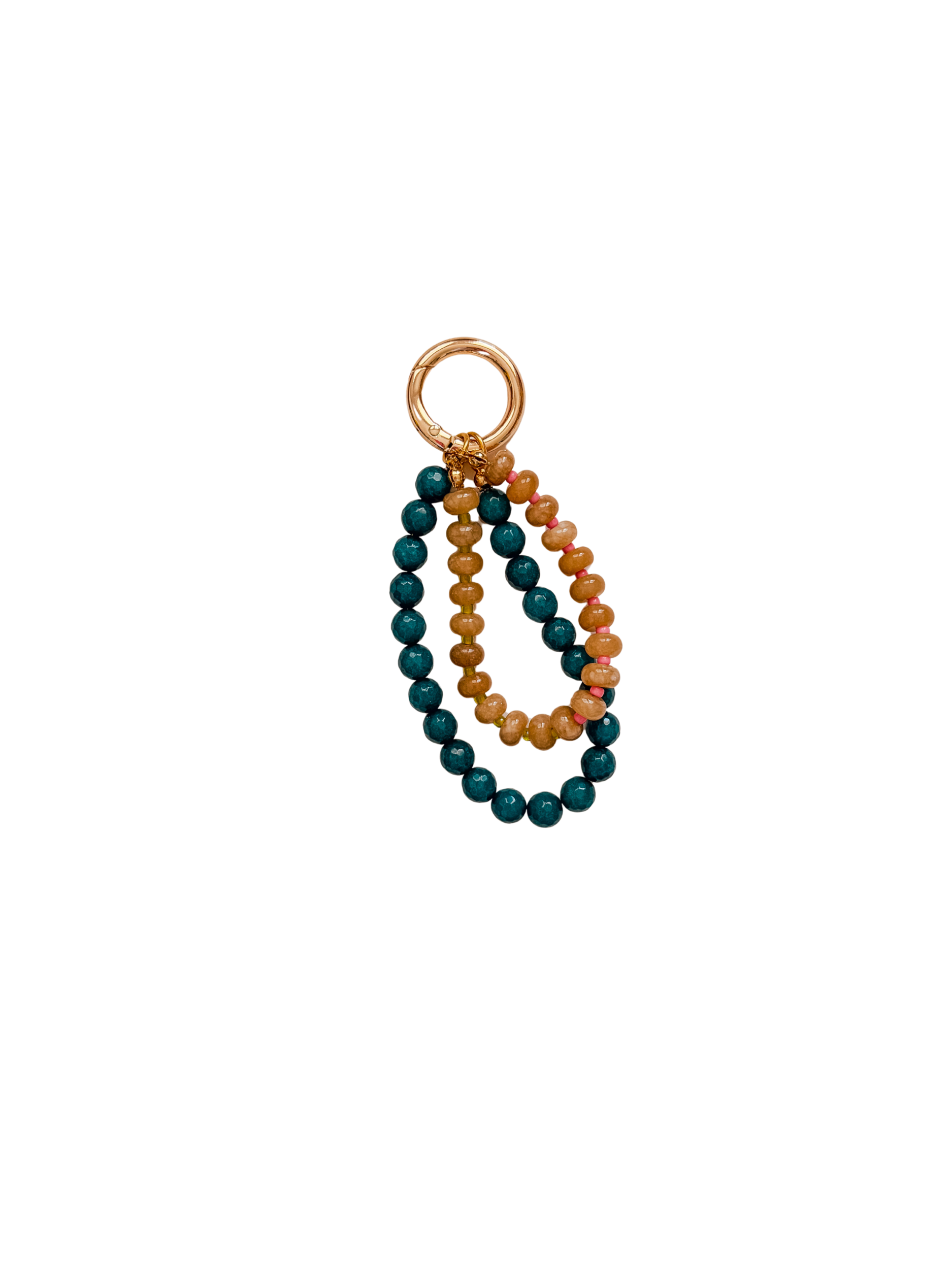 Wild Teal Beaded Bag Charm with double strand of teal and amber beads and gold ring clasp on a white background