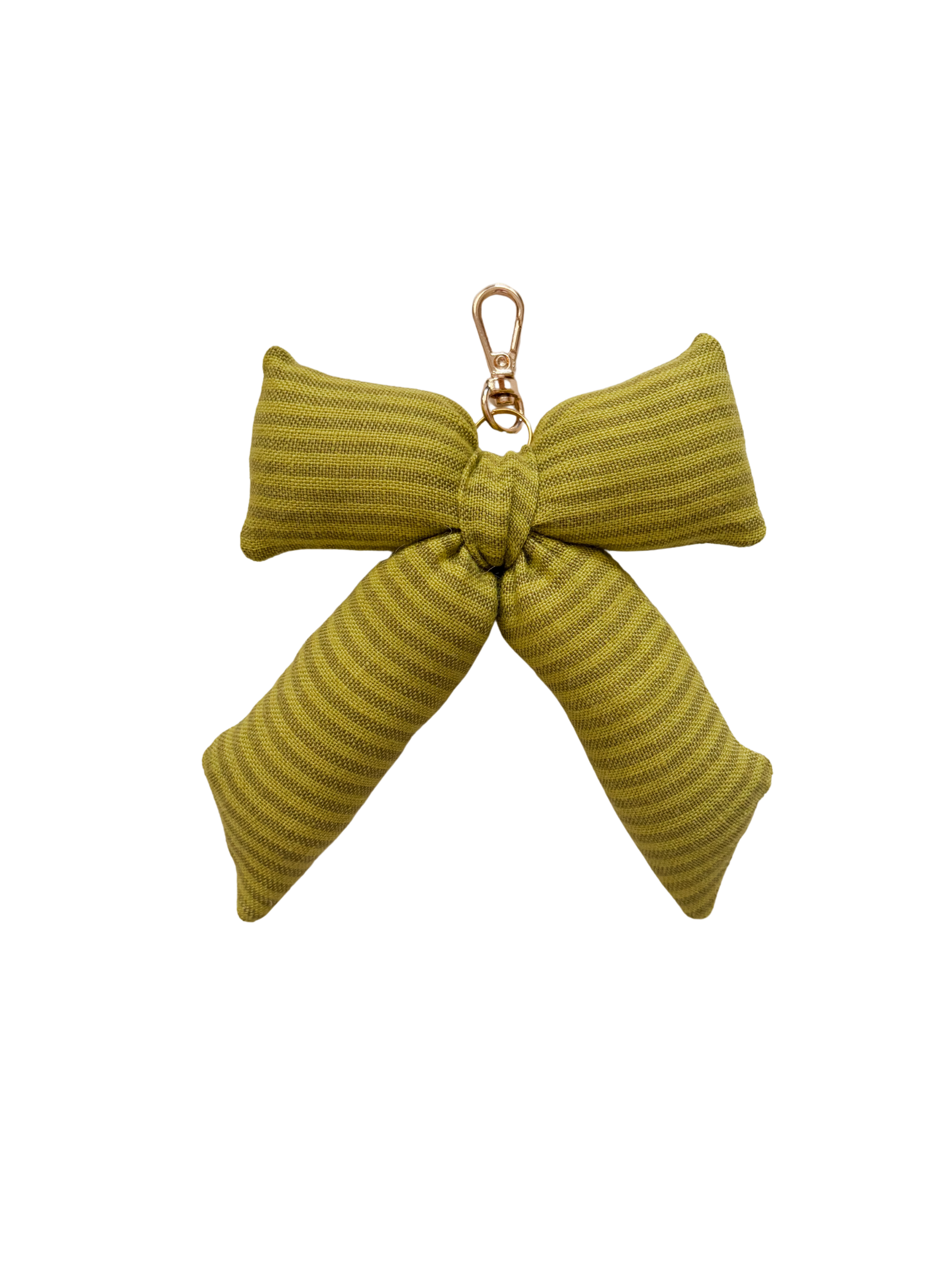Chartreuse Stripe Puffy Bow Bag Charm in green striped fabric with a gold clasp on a white background