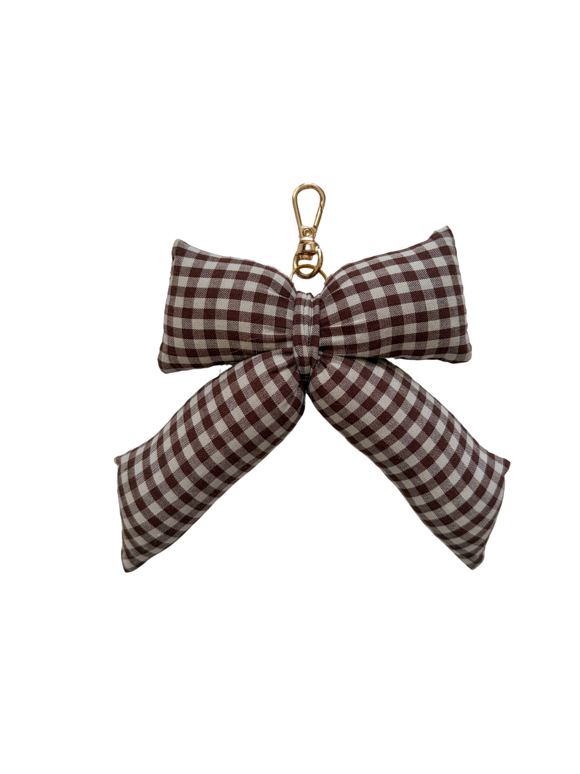 Chocolate Gingham Puffy Bow Bag Charm in brown and white gingham with a gold clasp on a white background