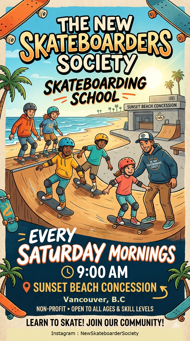 Colorful poster promoting a skateboard school by the New Skateboarders Society at Sunset Beach Concession in Vancouver, B.C. Features kids skateboarding with an instructor at a skatepark, with palm trees and a beach scene in the background. Includes details about the event every Saturday at 9:00 AM.