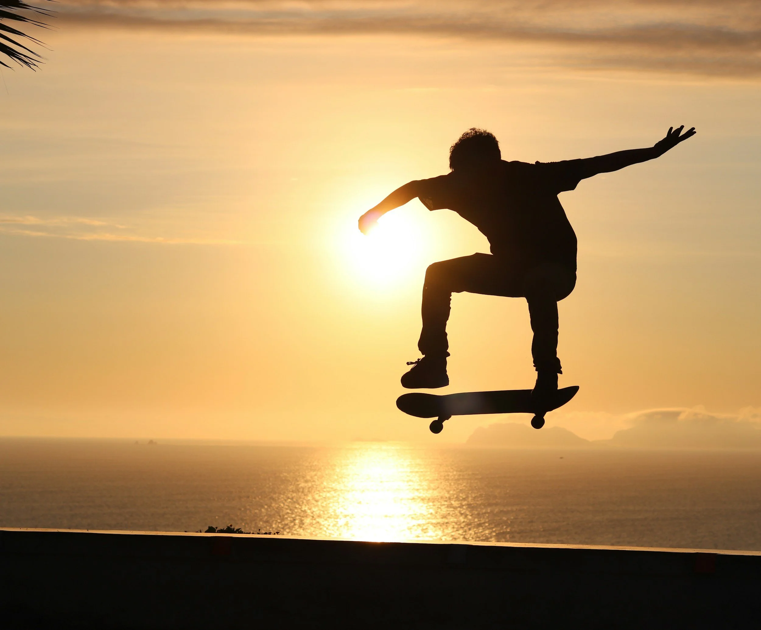 Person skateboarding at sunset over ocean, silhouette