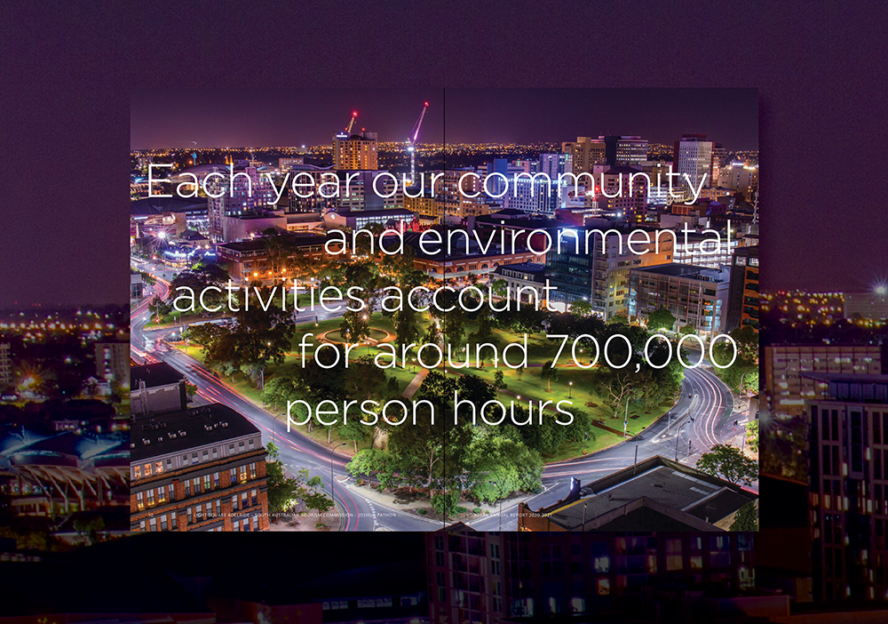Nighttime cityscape with illuminated buildings and a green park in the center, overlaid with text about community and environmental activities.