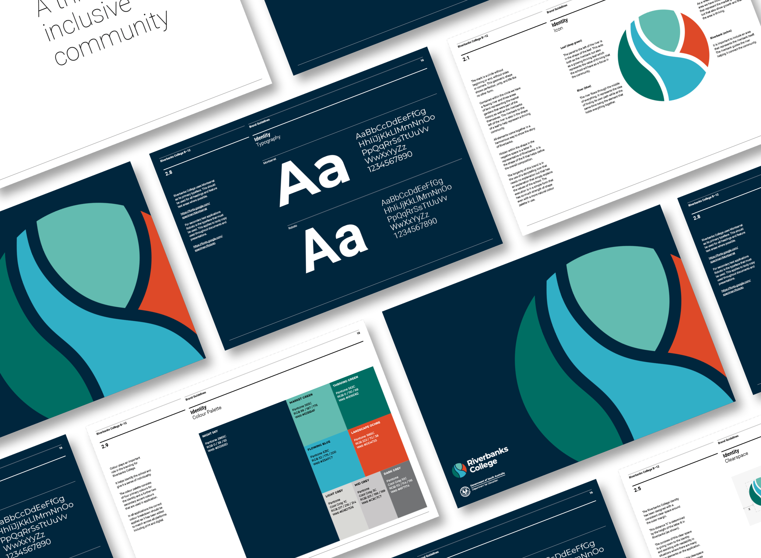 Close-up of branding guidelines document for Riverbanks College, showing color palette and typography details, with a logo featuring abstract shapes in teal and orange.