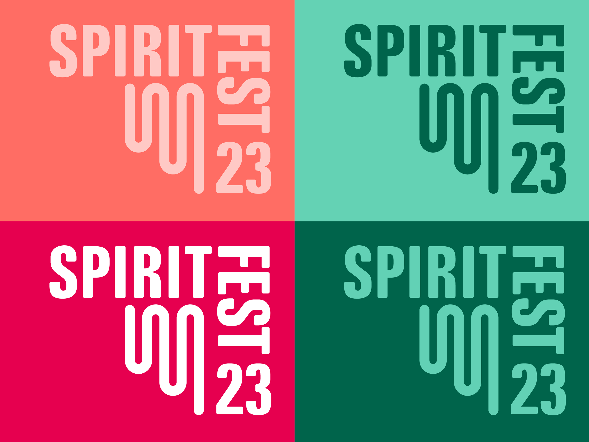 A graphic divided into four quadrants with the word 'SPIRIT' and date '23' in varying font sizes and colors. The top left quadrant is red with white text, the top right is teal with dark green text, the bottom left is pink with white text, and the bottom right is dark teal with teal text.