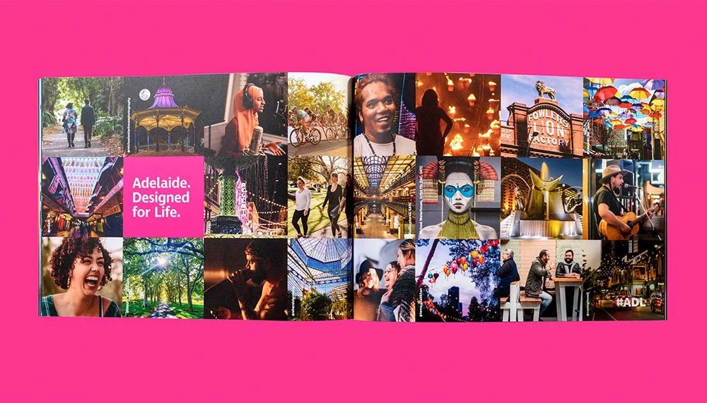 Collage of diverse images showcasing city scenes, people, and landmarks in Adelaide, with a pink background highlighting the phrase 'Adelaide. Designed for Life.'