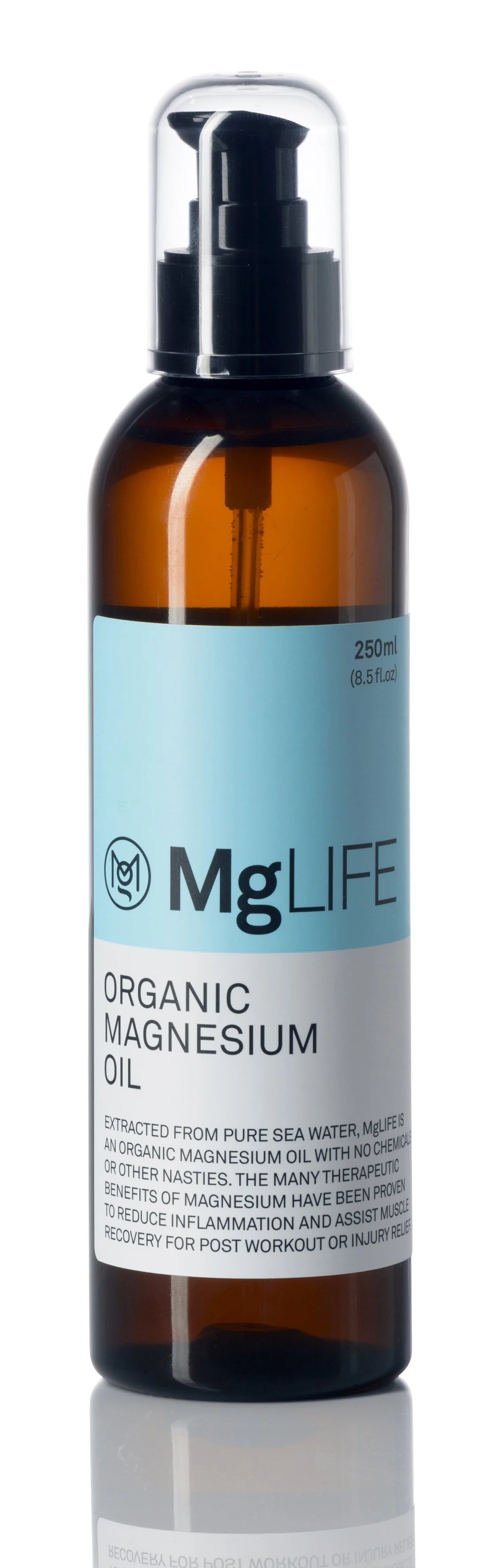 A brown glass spray bottle labeled 'MgLIFE Organic Magnesium Oil' with a black spray nozzle and clear plastic cap, containing 250ml of magnesium oil.