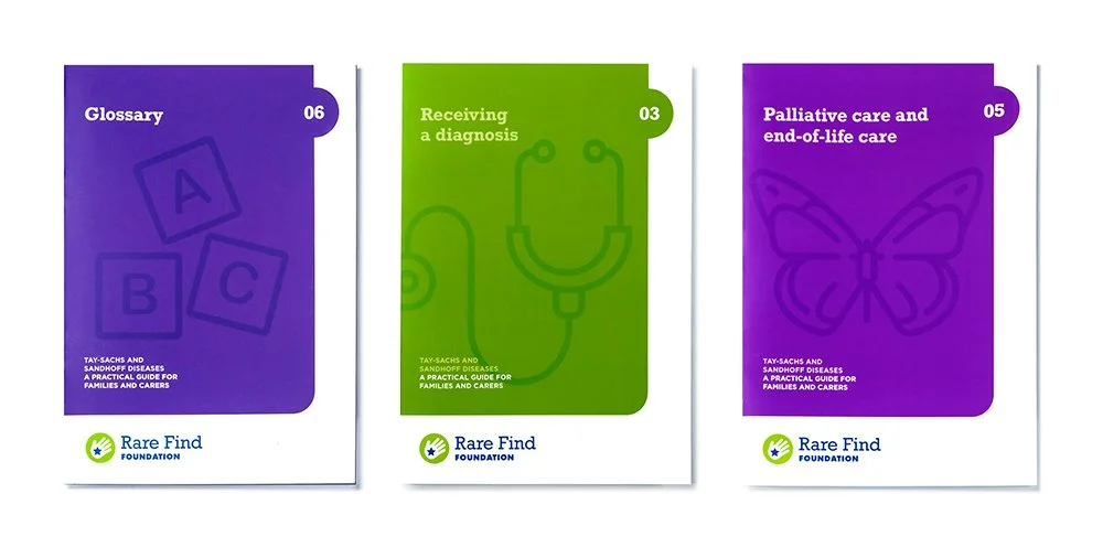 Three pamphlets with purple, green, and purple covers titled 'Glossary', 'Receiving a diagnosis', and 'Palliative care and end-of-life care' from the Rare Find Foundation.