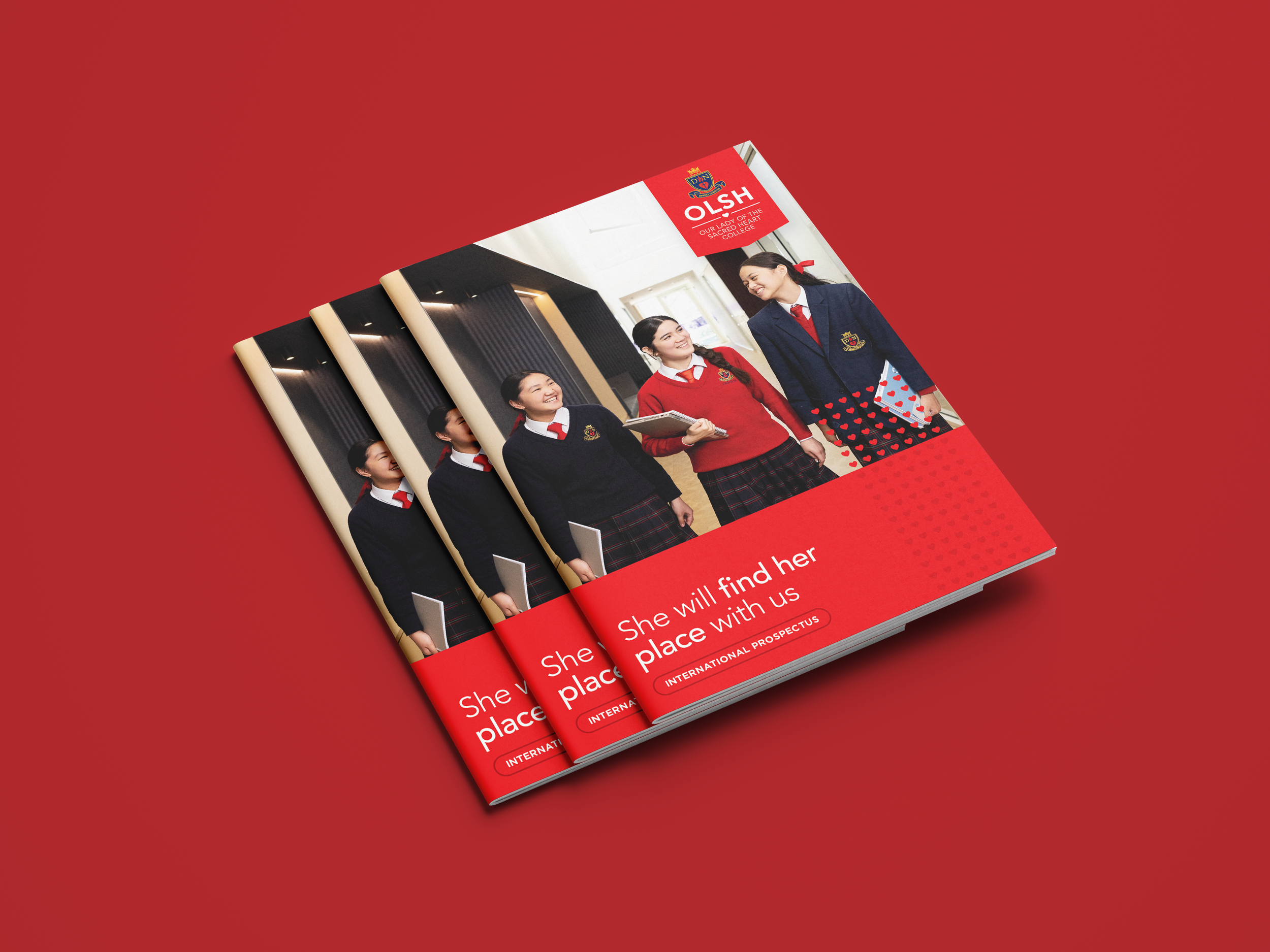 Multiple brochures featuring students in school uniforms, smiling and talking, with a red background.