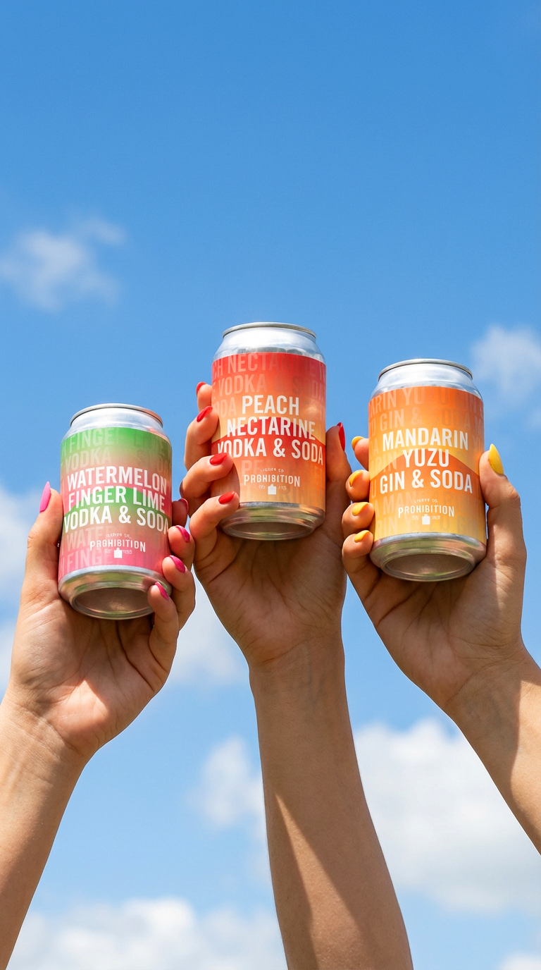 Three cans of flavored soda held up in the air against a bright blue sky with a few white clouds, each with colorful labels and hands with painted nails.