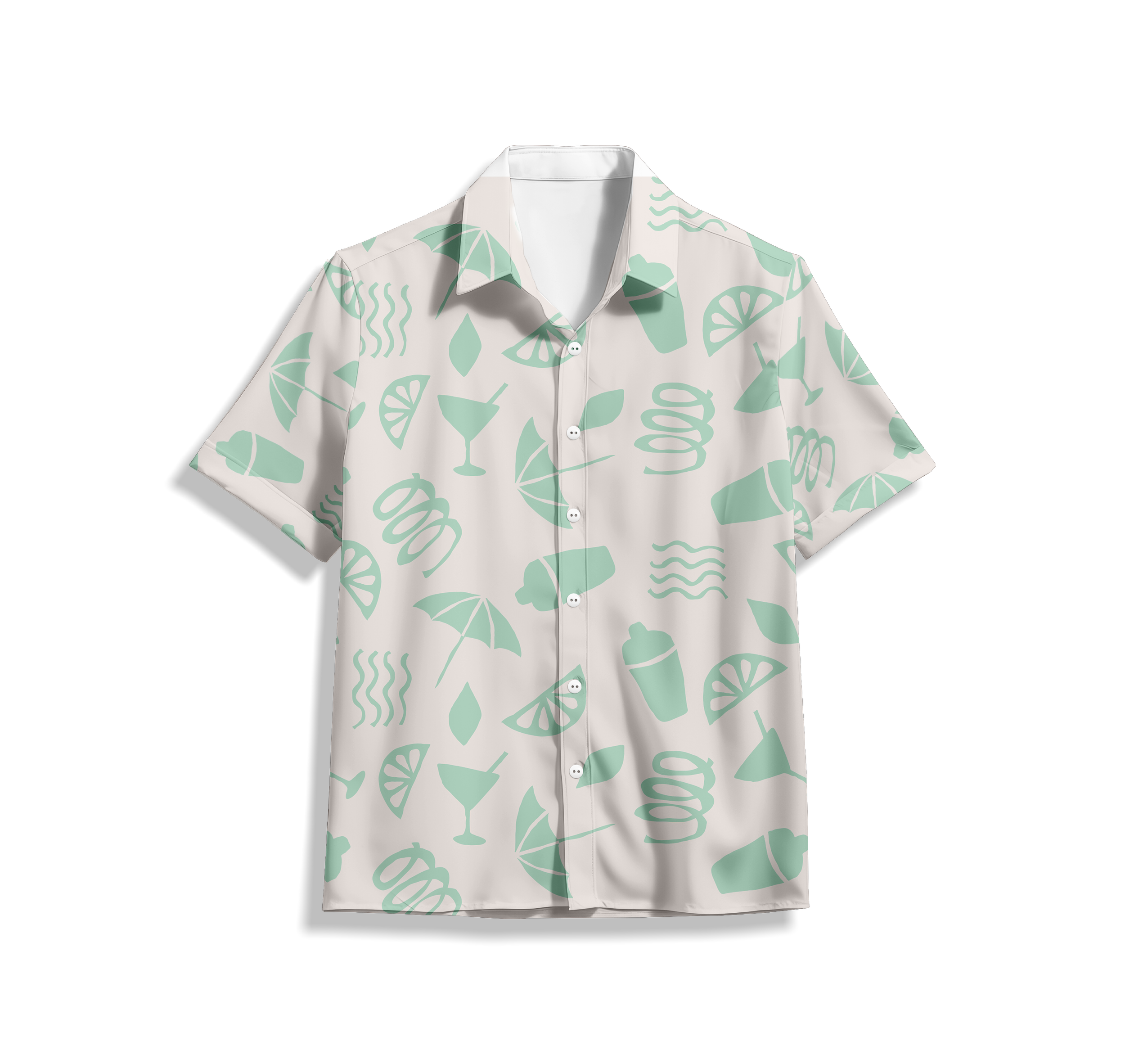 A white button-up shirt with a light green abstract print of various shapes including leaves, spirals, and geometric forms, displayed against a black background.