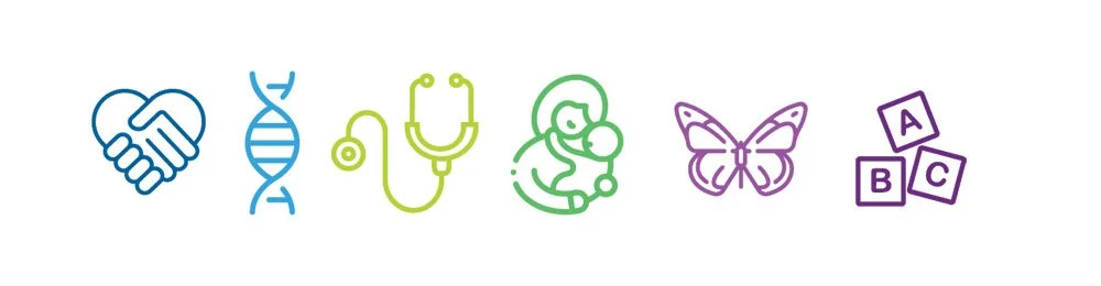 Icons representing healthcare, genetics, medical consultation, a baby, butterflies, and alphabet blocks.