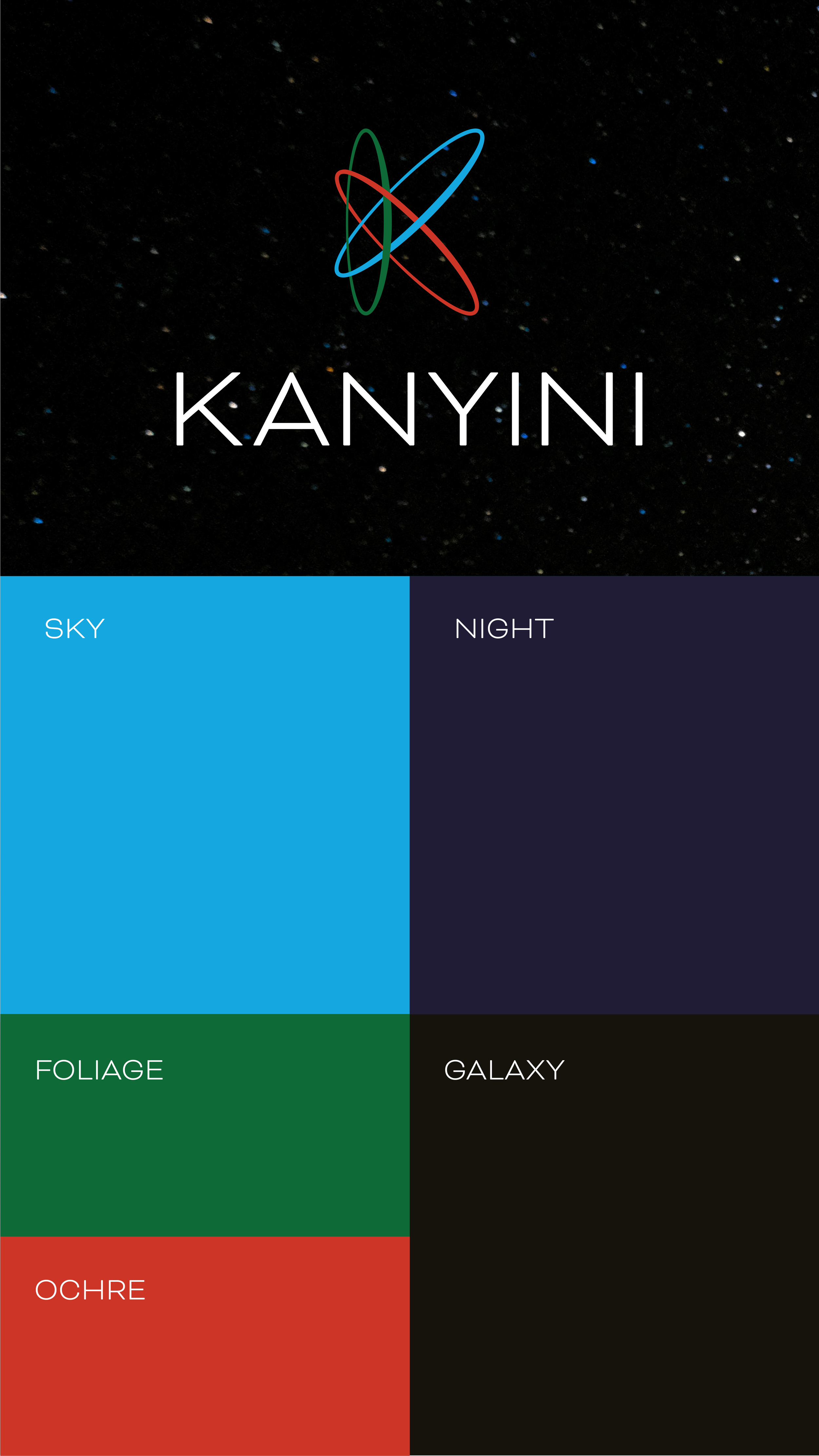 Starry night sky with a logo in the center featuring an abstract atom symbol in green, red, and blue, and the word 'KANYINI' below in white text. The bottom section is divided into five colored blocks with text: 'SKY' in blue, 'NIGHT' in purple, 'FOLIAGE' in green, 'GALAXY' in black, and 'OCHRE' in red.