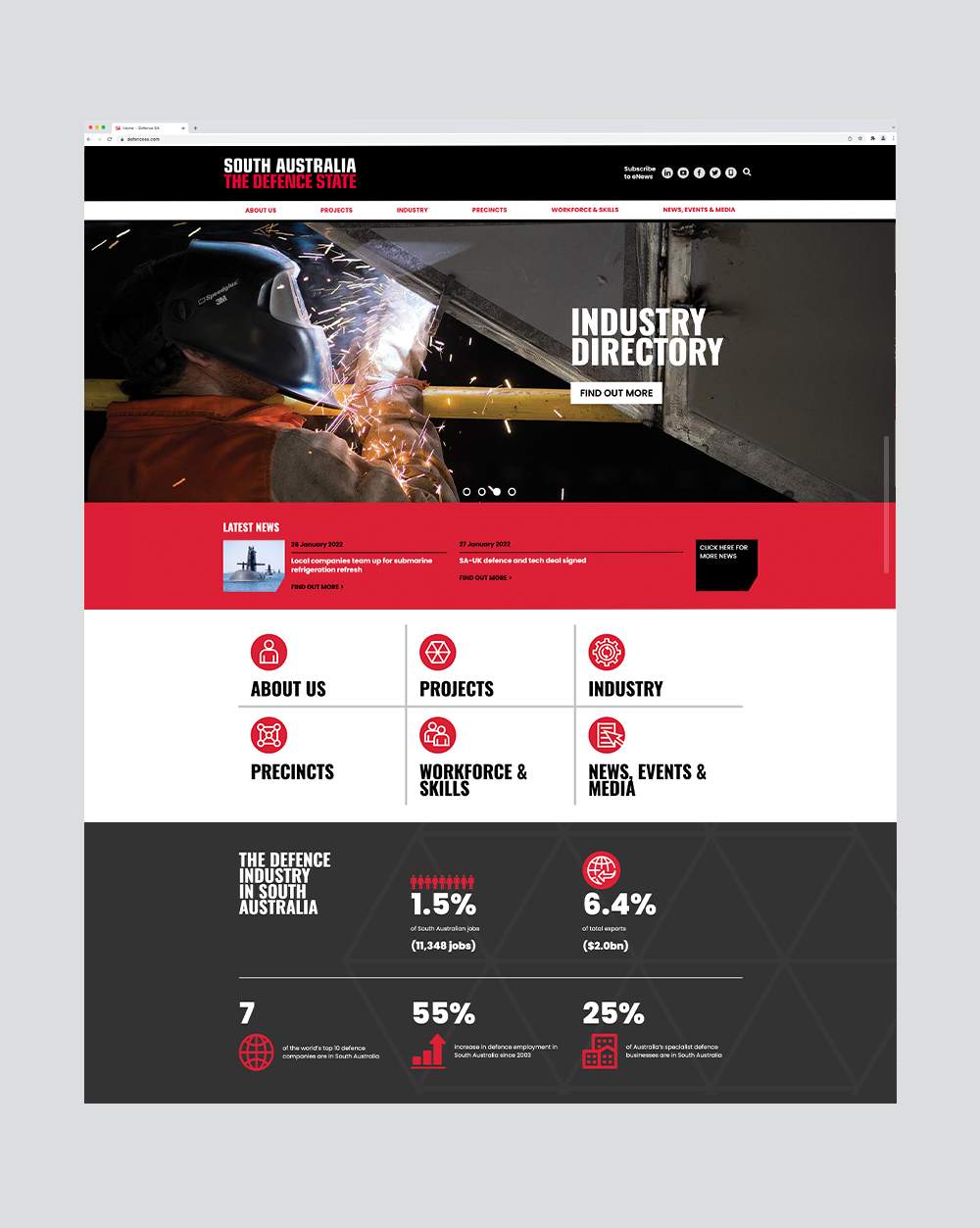 Screenshot of the South Australia Defence Industry website homepage, showing a worker welding in safety gear and a navigation menu with links to about us, projects, industry, precincts, workforce skills, and news media.