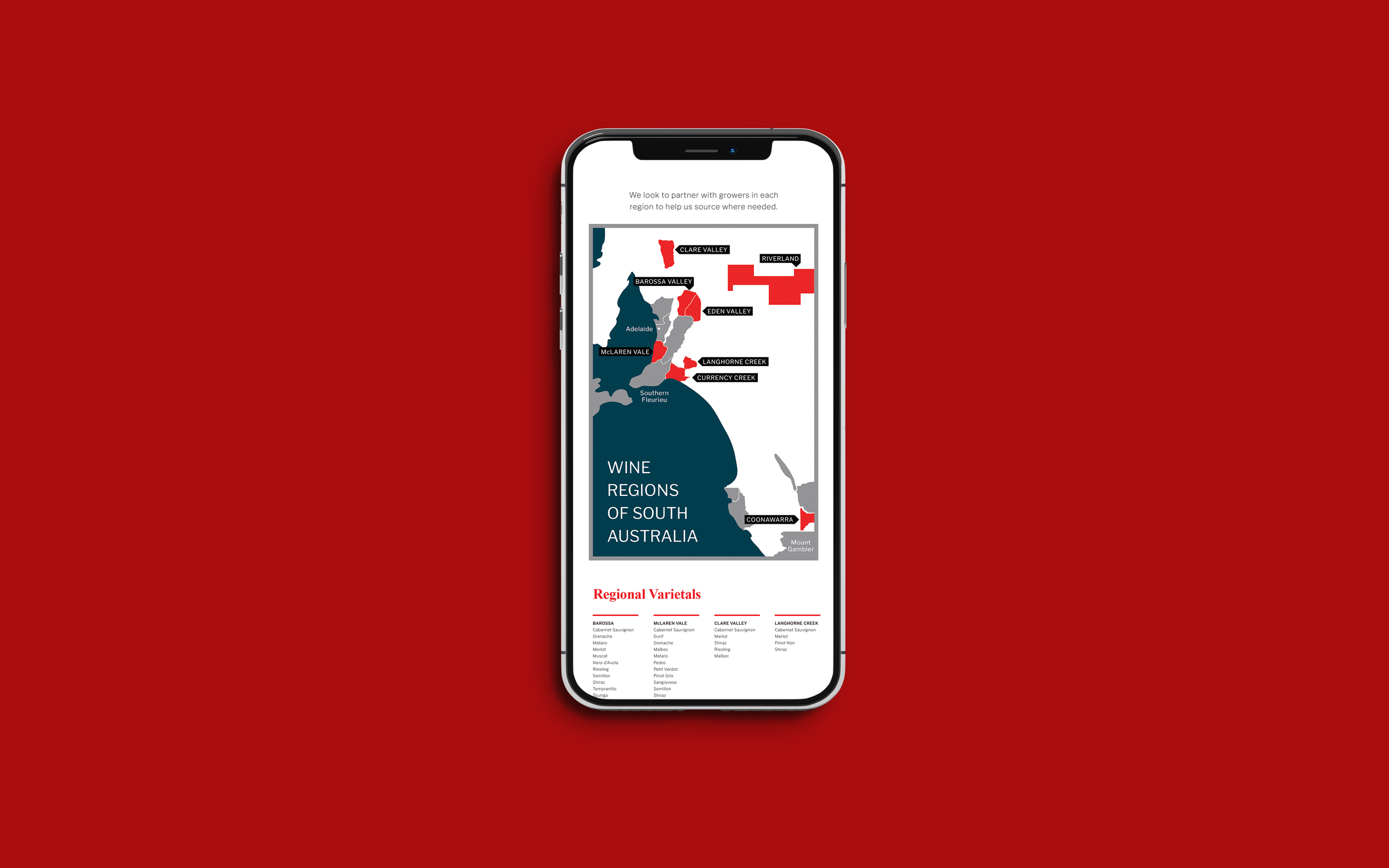 A smartphone displaying a map of South Australia with wine regions labeled, including Clare Valley, Riverland, Eden Valley, McLaren Vale, Langhorne Creek, Currency Creek, and Coonawarra, on a red background.