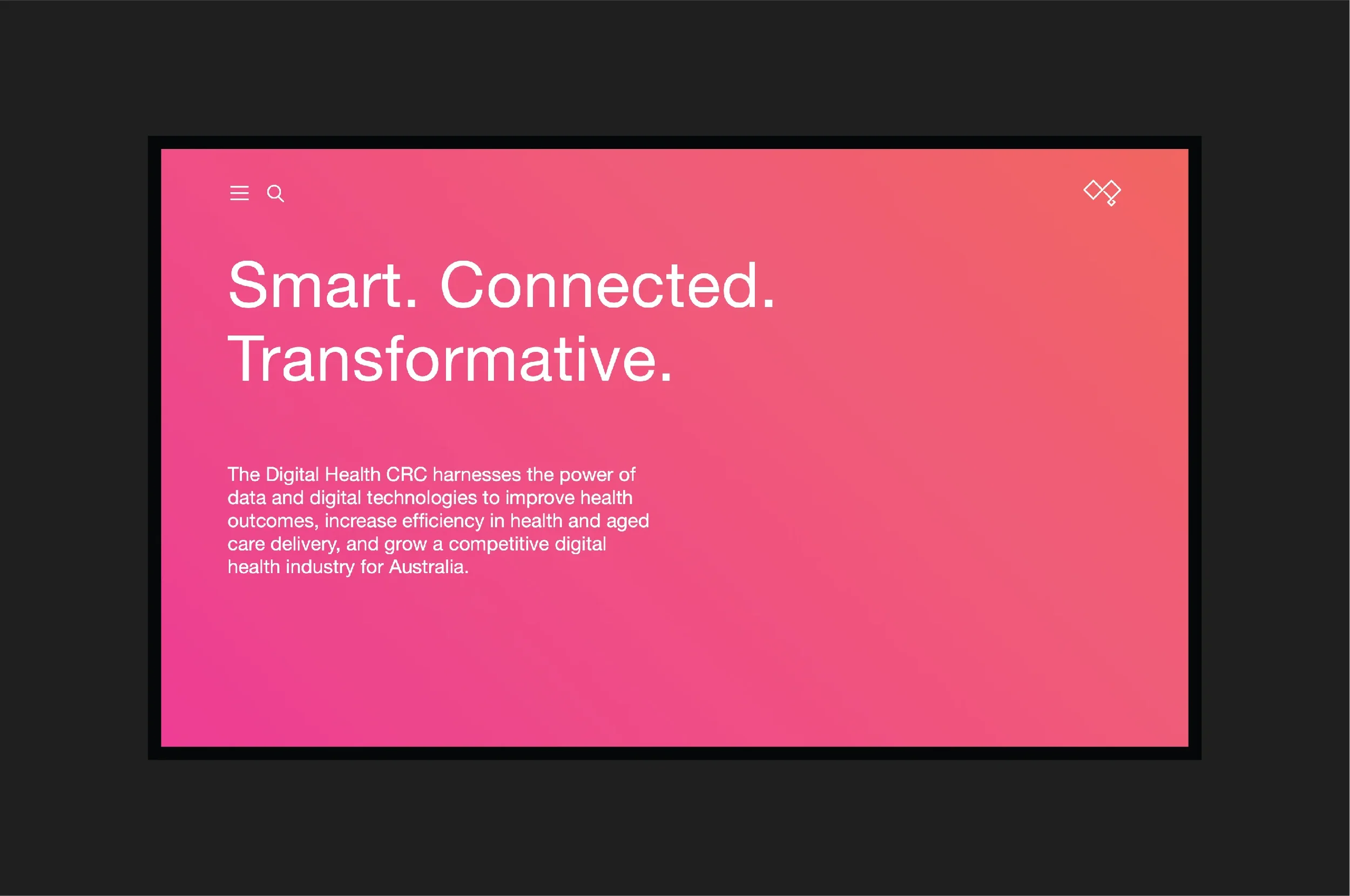 A section of a website displayed on a screen with a pink background and white text that reads 'Smart. Connected. Transformative.' below a menu icon and search icon at the top left, and a logo at the top right.