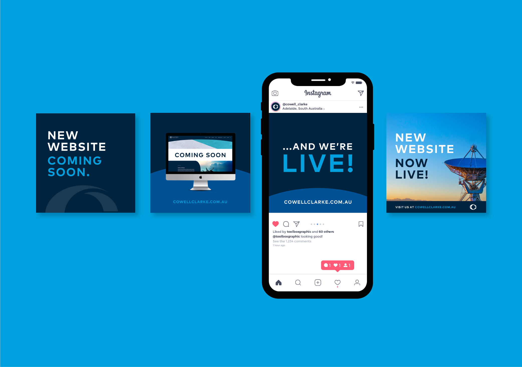 Series of promotional images for a new website launch, including a computer screen with `coming soon`, a live announcement, and a satellite dish, all on a blue background.