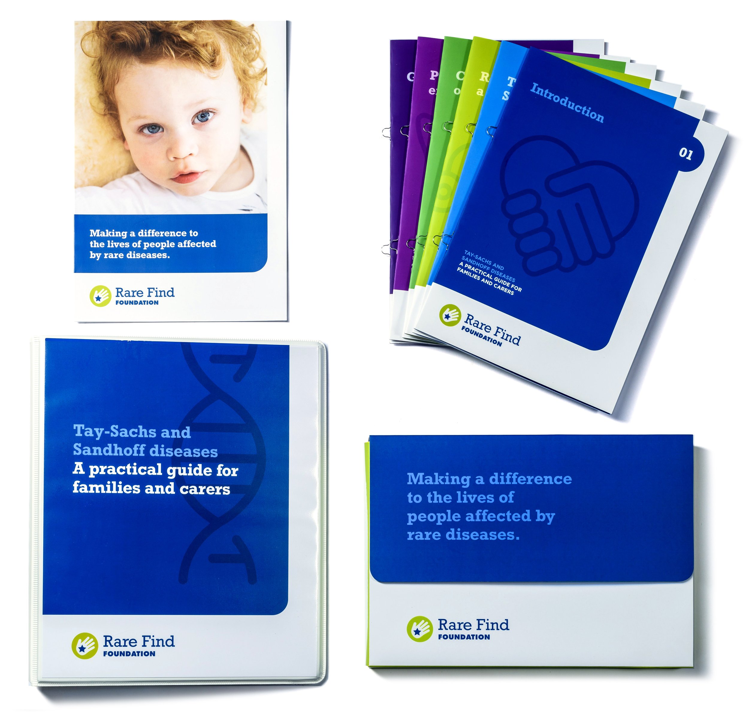 A collection of informational booklets and brochures from the Rare Find Foundation, featuring a cover with a young child's face and titles related to rare diseases and practical guides for families and caregivers.