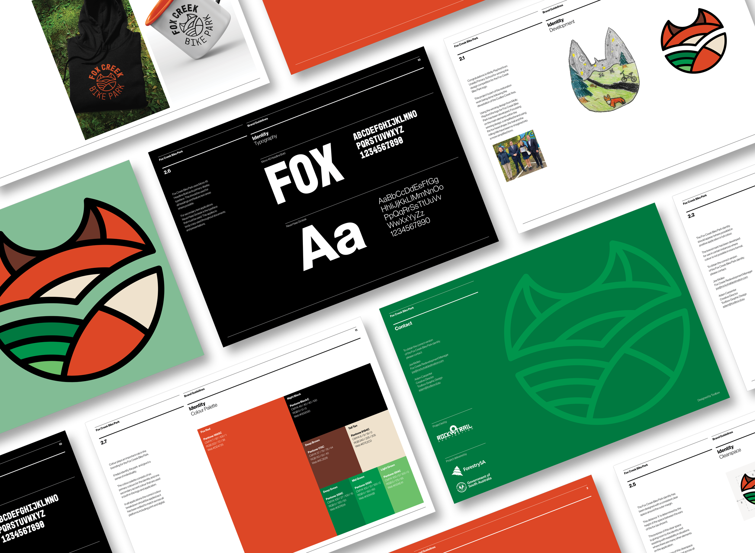 Brand identity guidelines and visual assets for Fox Creek Bike Park, including logos, color palettes, typography, and promotional items.