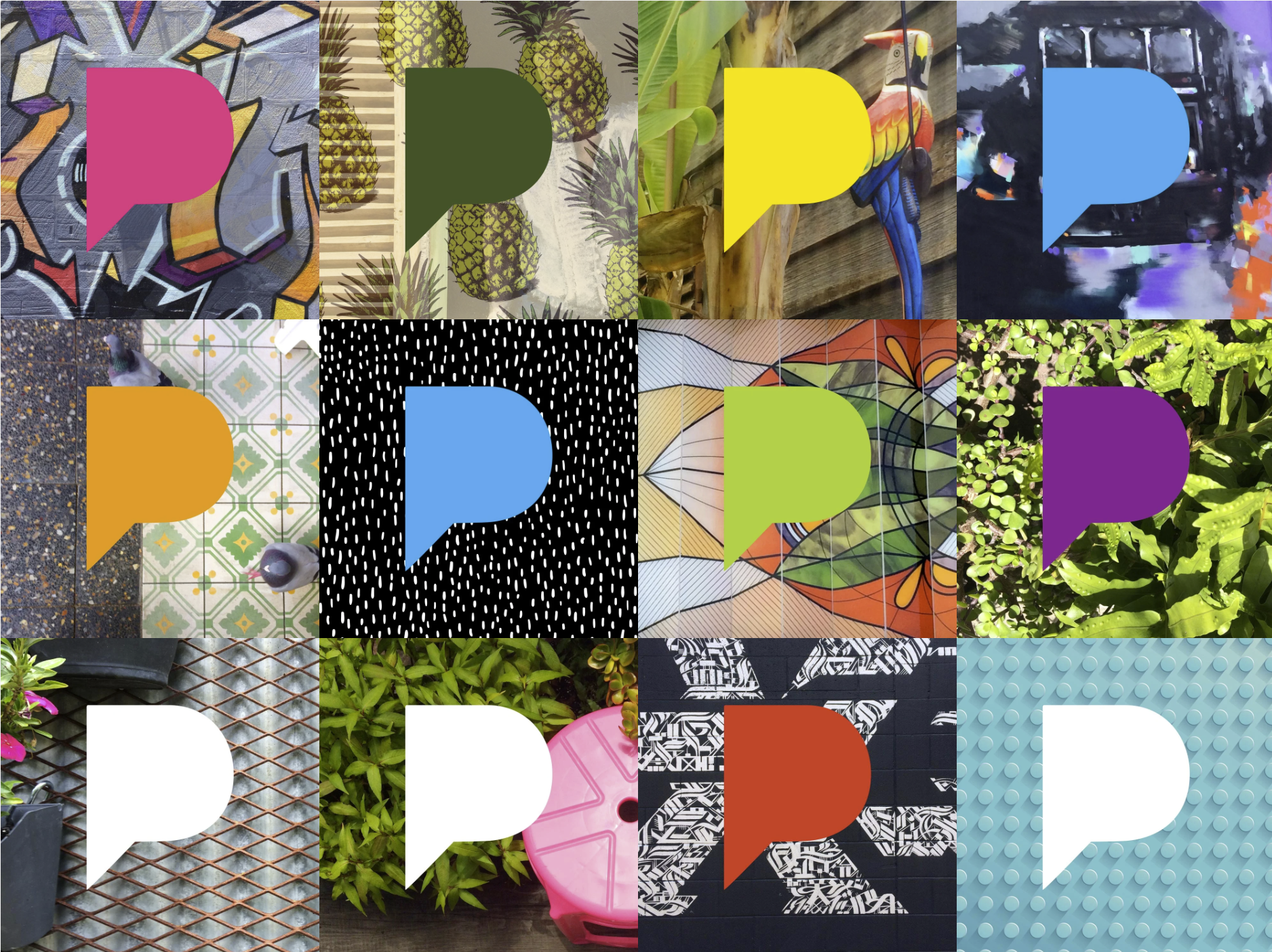 Collage of 16 squares featuring various images, including graffiti art, pineapples, a colorful parrot, a black truck, pigeons on patterned tiles, plants, cell phone accessories, and abstract designs, each with a large speech bubble in different colors overlaying the images.