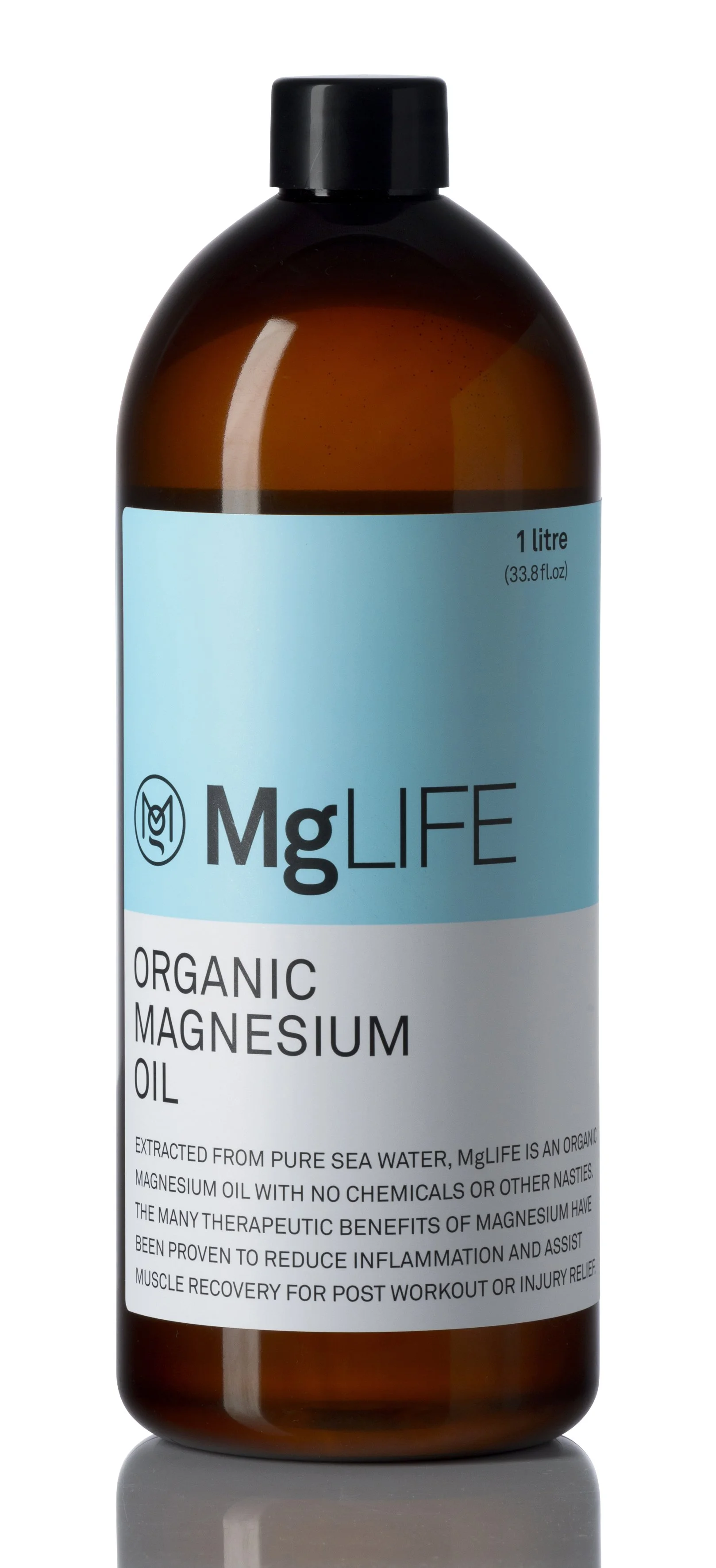 A brown plastic bottle with a black cap labeled 'MgLIFE Organic Magnesium Oil' and a light blue and white label indicating a 1-liter size.
