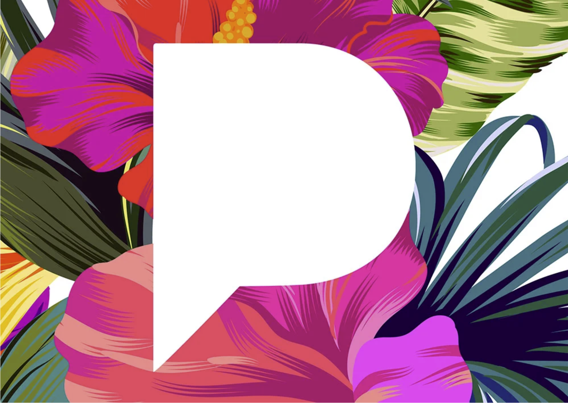 Colorful tropical floral background with a blank white speech bubble in the center.