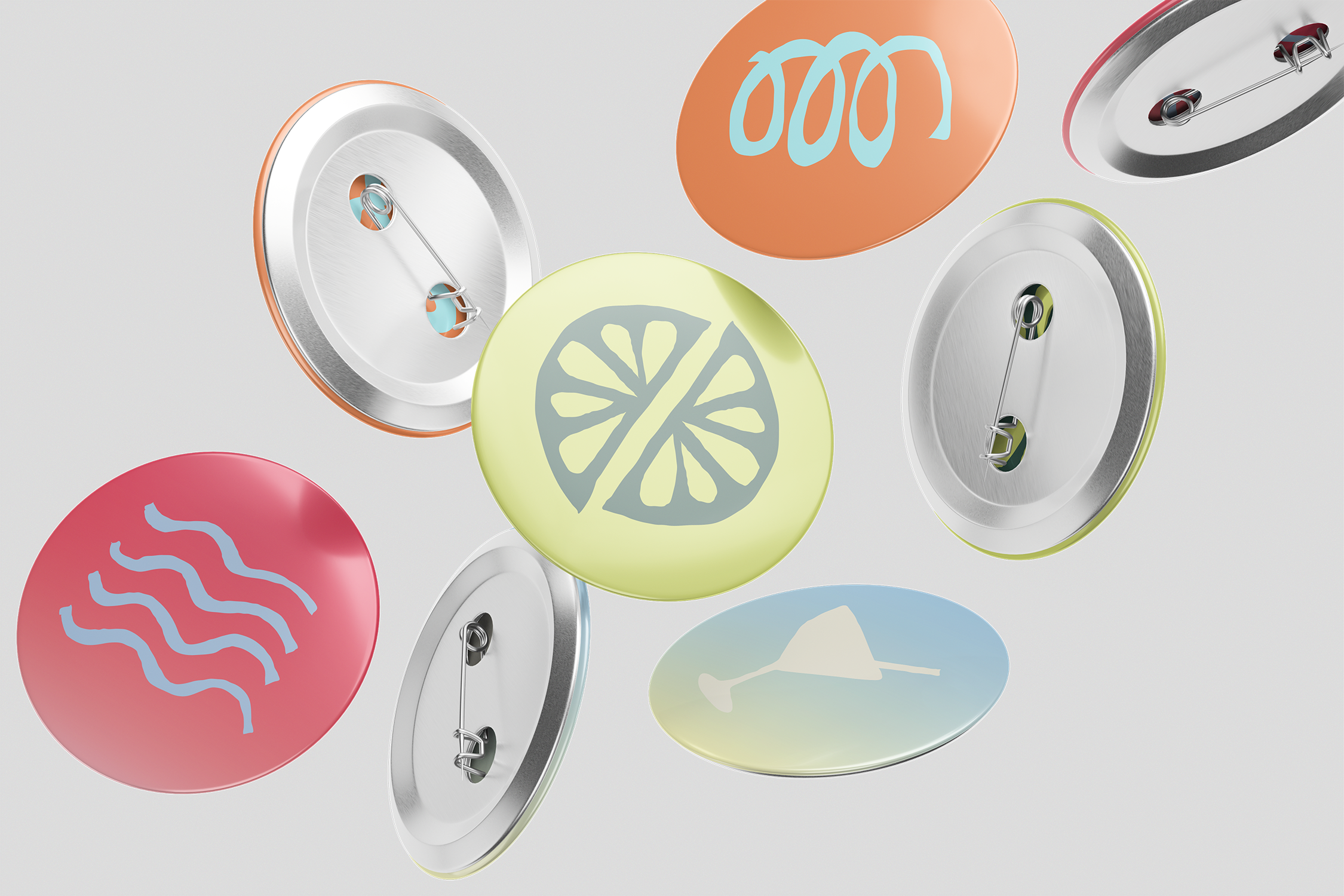 Colorful buttons with various patterns and metallic backs on a black background.