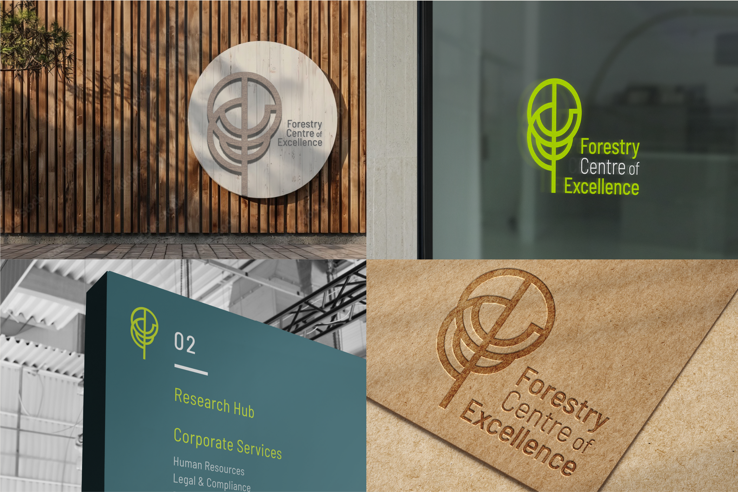 Various signs and logos for the Forestry Centre of Excellence and Research Hub, featuring tree and leaf symbols, with some signs made of wood and others of printed materials displayed inside and outside buildings.