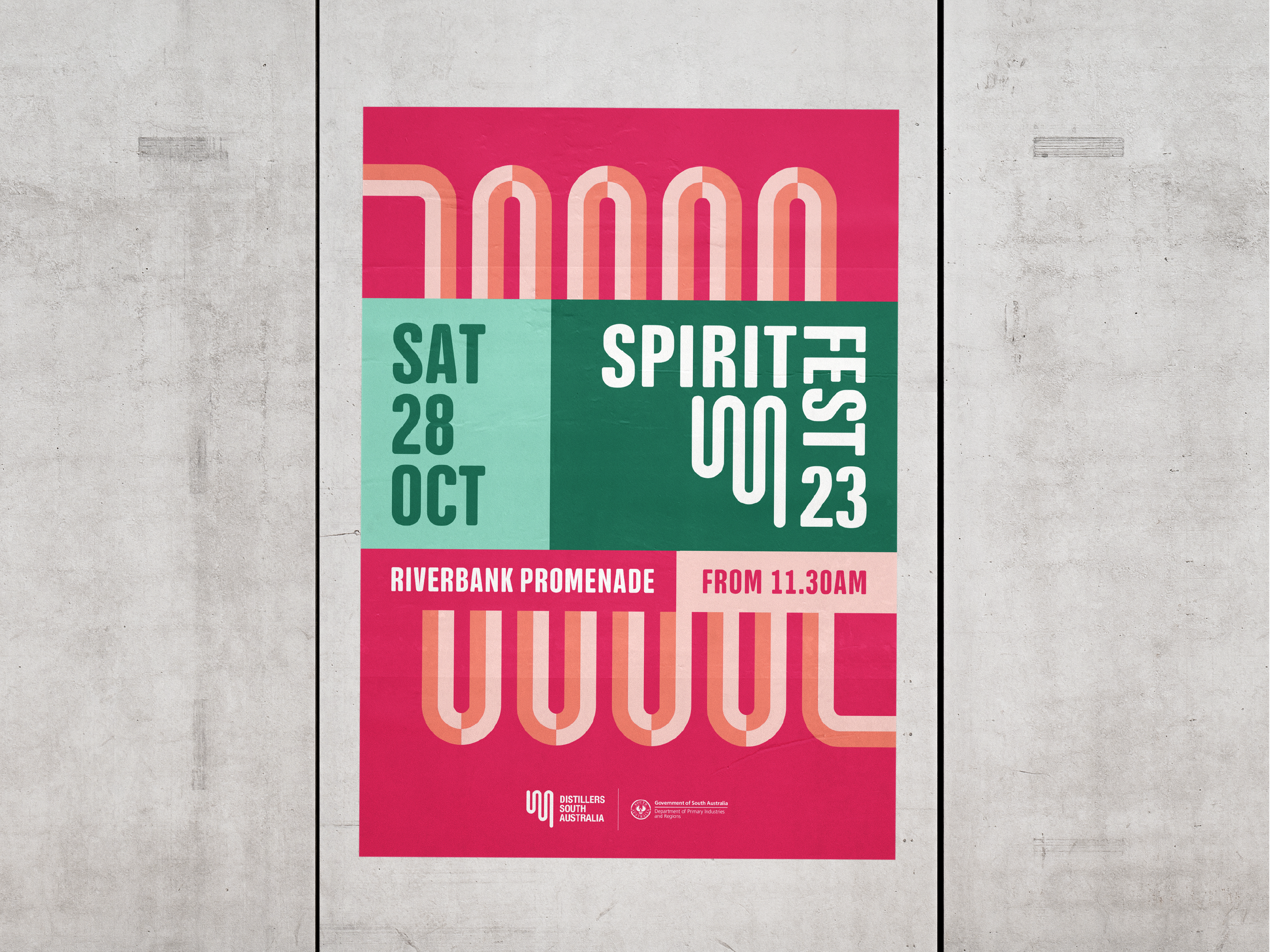 Poster advertising a Spirit of South Australia event on Saturday, October 28th, 2023, at Riverbank Promenade, starting from 11:30 AM, organized by Distillers South Australia and the Government of South Australia.