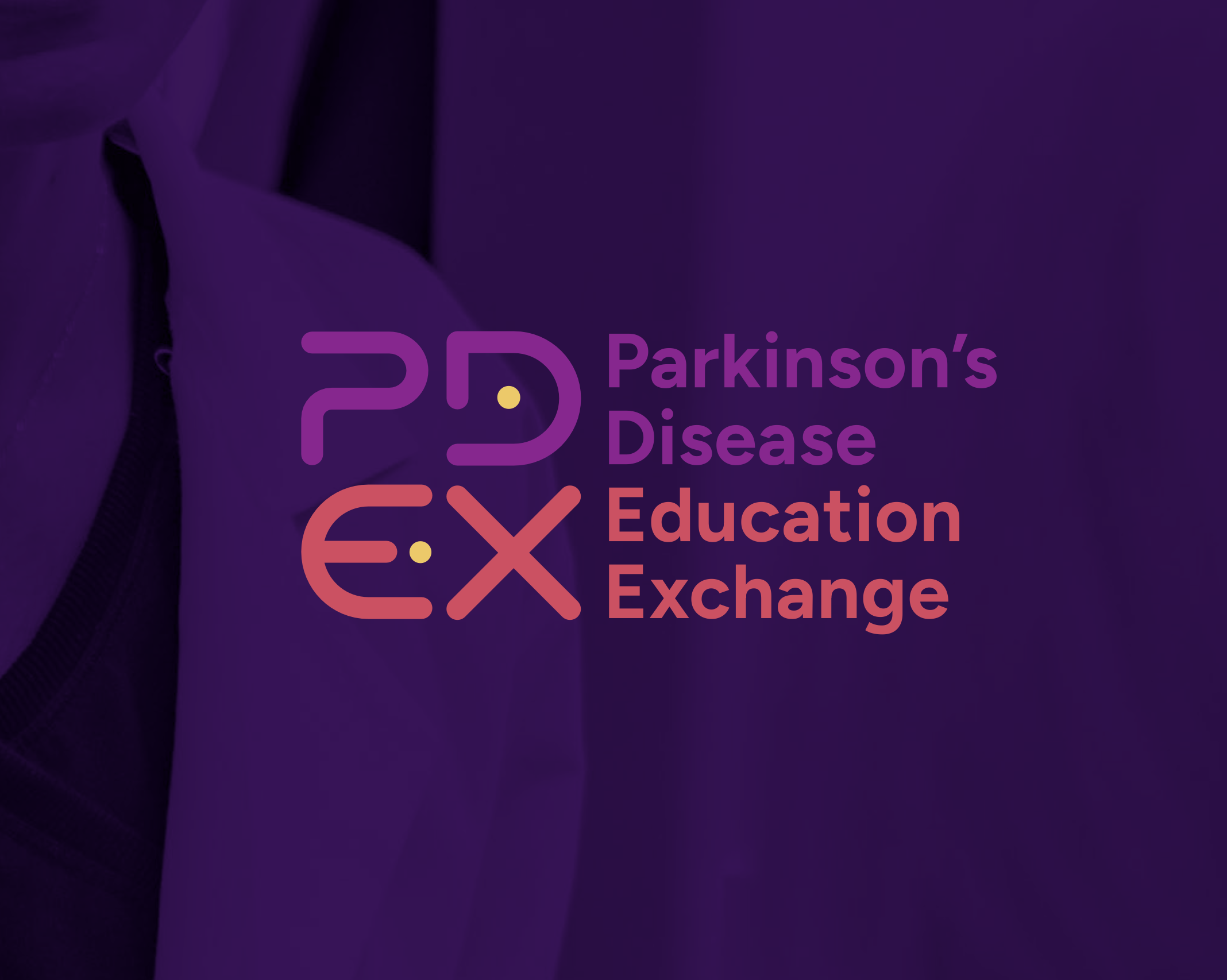 Close-up of a purple background with the text 'Parkinson's Disease Education Exchange' and a stylized 'PD' logo.