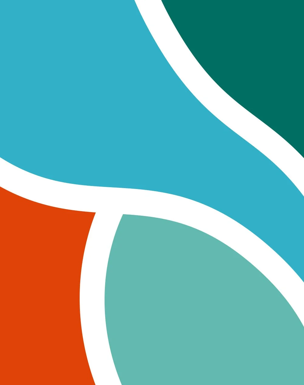 Abstract geometric pattern with colorful curved shapes in blue, teal, orange, and white.