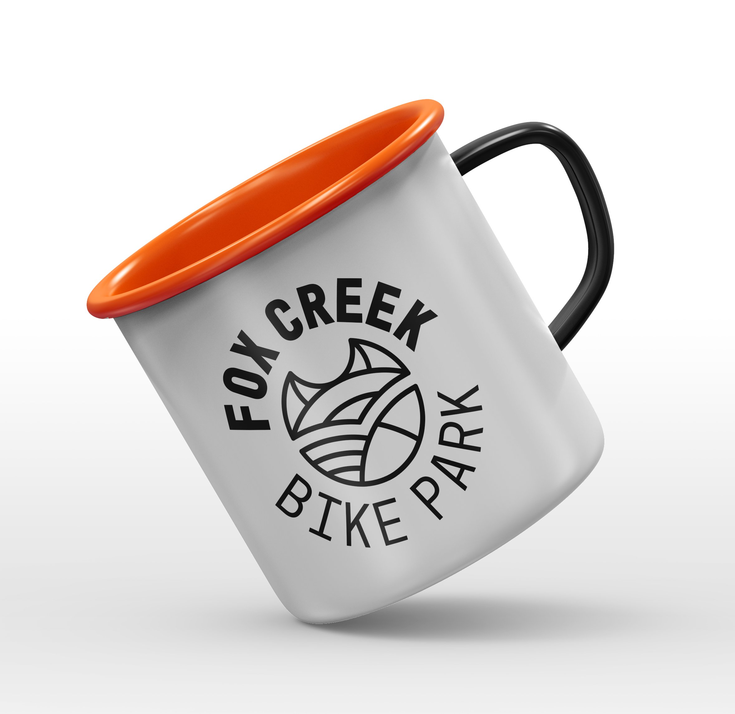 Close-up of a white coffee mug with black handle and orange rim, labeled with the words 'YAPPY CREEK' and a graphic of a fish.
