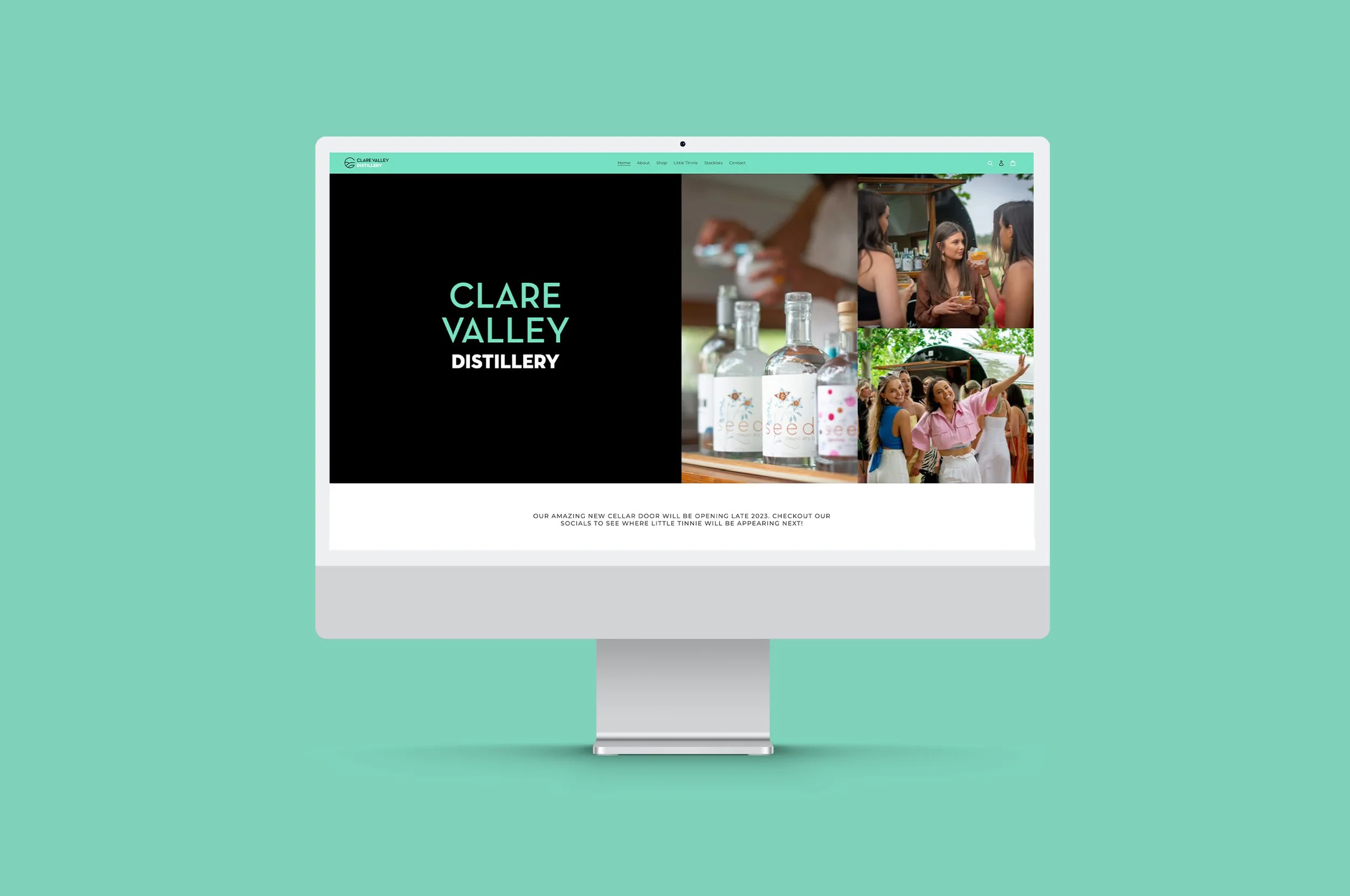 Website homepage for Clare Valley Distillery featuring images of bottles and people socializing.