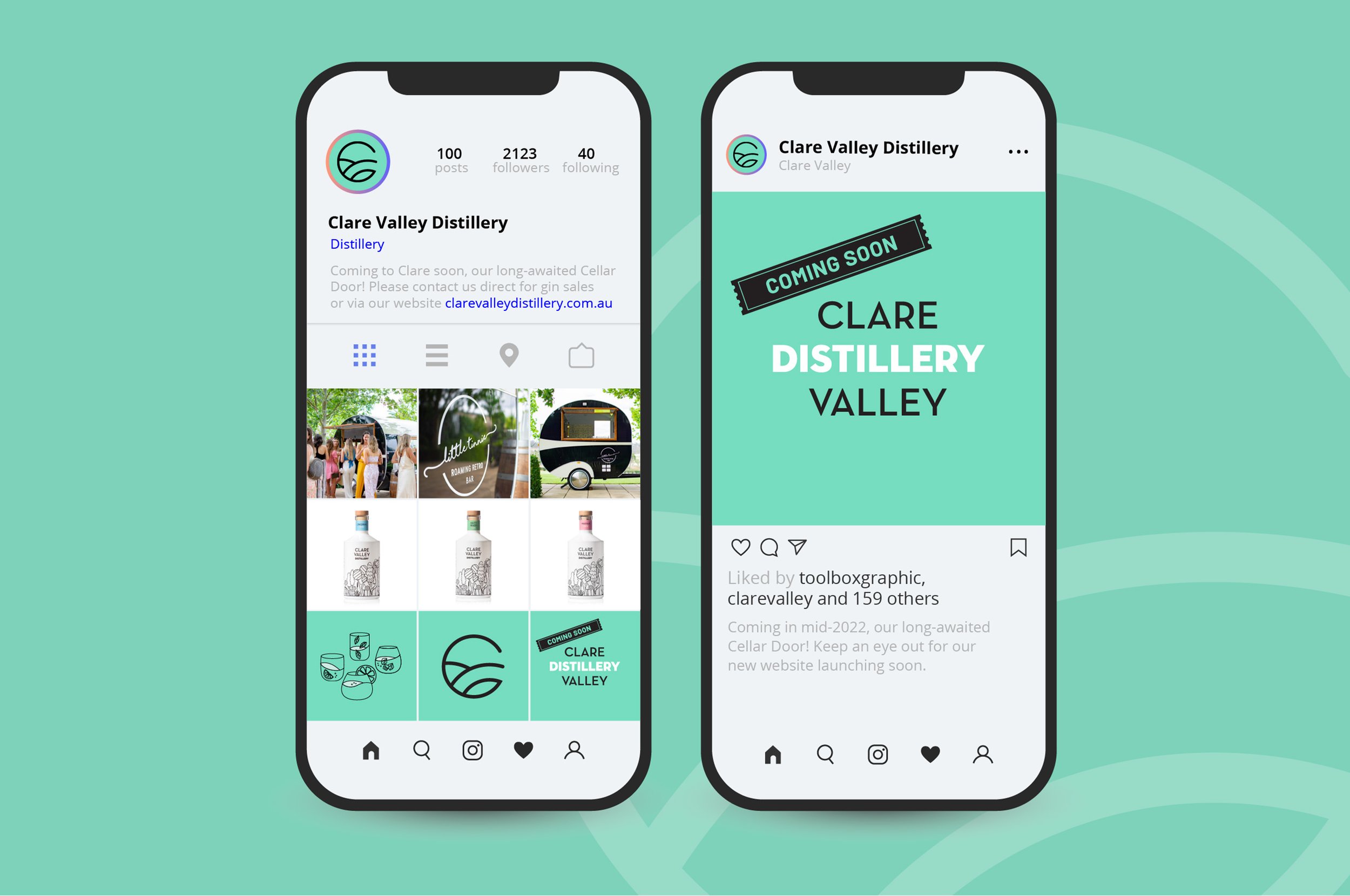 Two smartphones displaying social media pages for Clare Valley Distillery, one with a