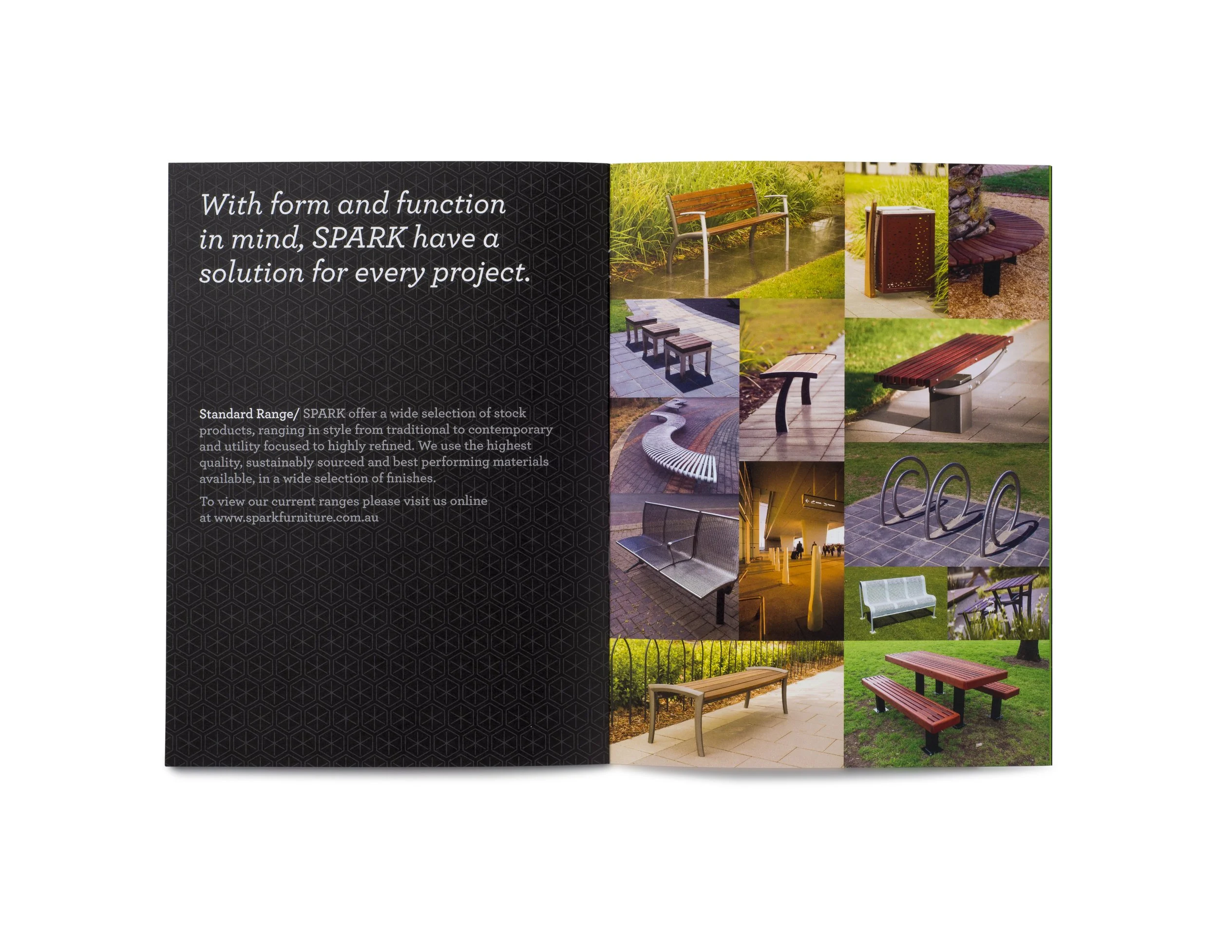 A brochure page with a black background on the left side showing text about outdoor furniture, and on the right side multiple images of benches and outdoor seating in various settings.