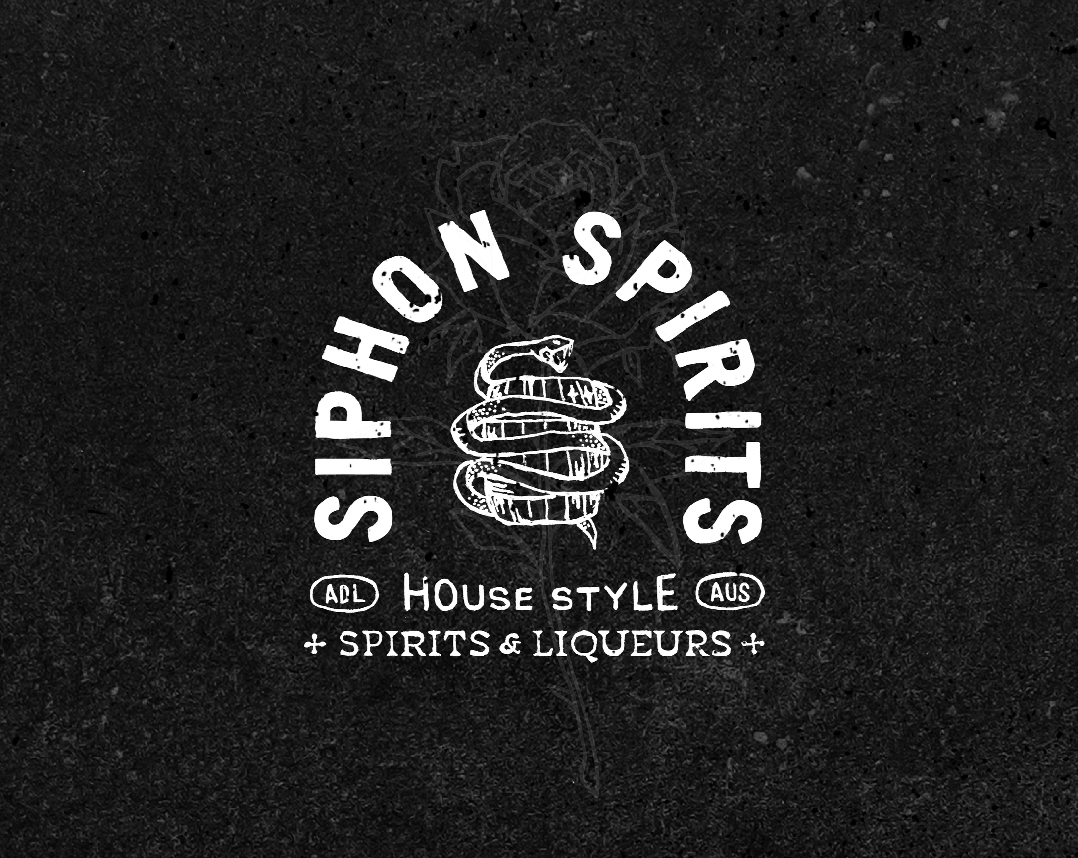 Close-up of a black textured surface with white stencil-style text reading 'SHOULD R' and a coiled snake illustration, along with additional text '+ SPIRITS & LIQUORS +' and 'HOUSE STYLE AUS'.