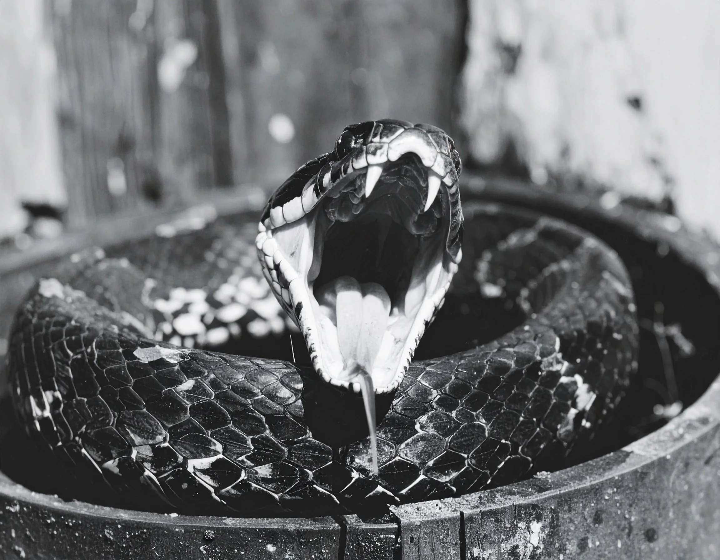 Close-up of a coiled black and white snake with a patterned body, resting on a textured surface, in black and white.