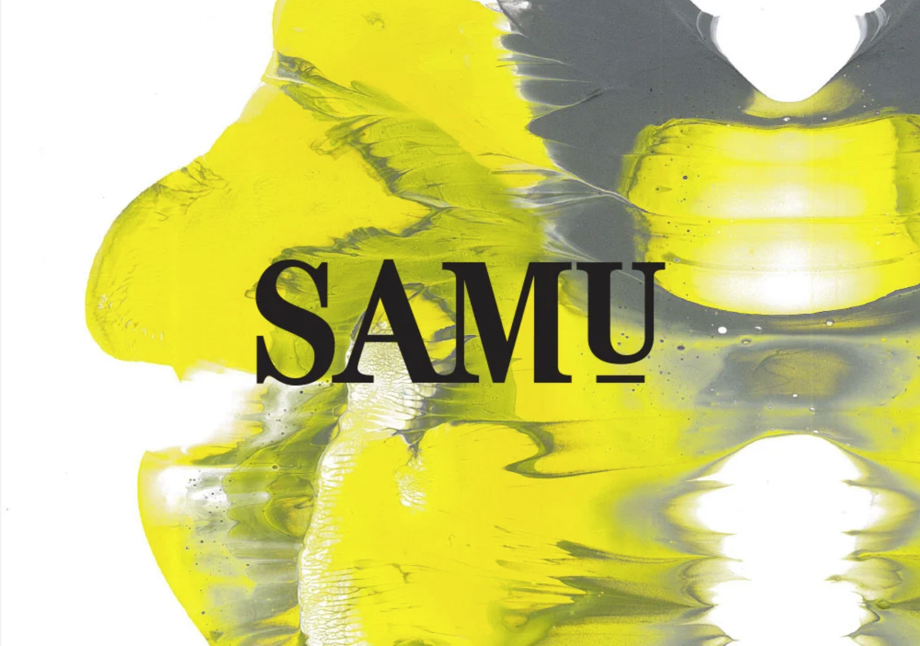 Abstract yellow, gray, and white paint on a canvas with the word 'SAMU' written in black letters across the center.