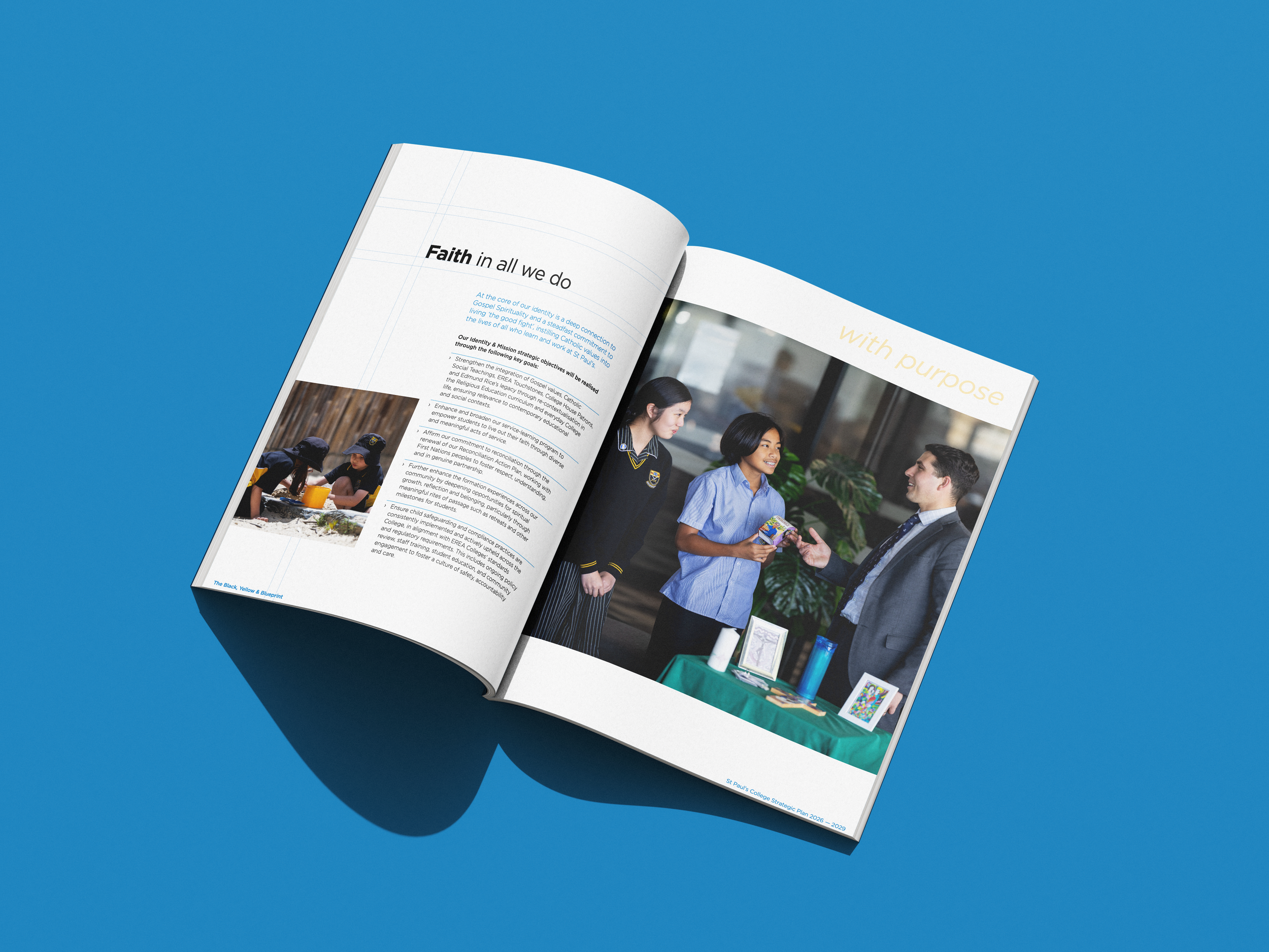 Open magazine with article titled 'Faith in all we do' and photo of students in school uniforms talking, against a bright blue background.