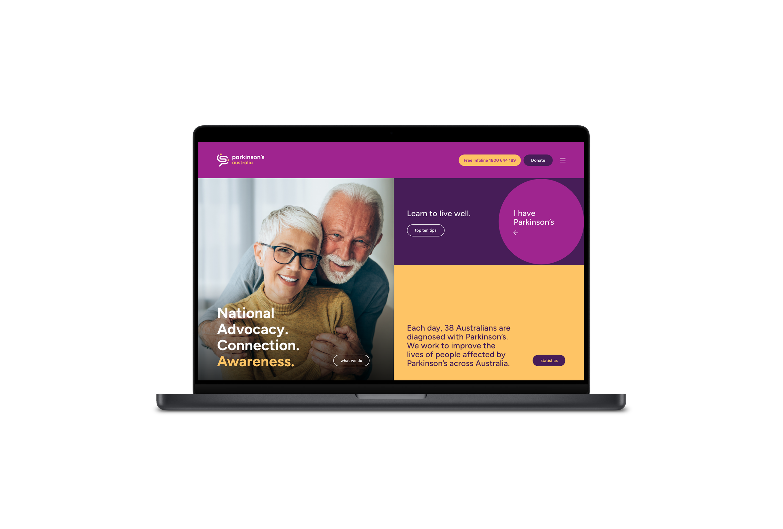 A computer screen displaying the website of Parkinson's Australia with a purple and yellow color theme, showing a photo of smiling elderly man and woman, with text about living well and awareness of Parkinson's disease.