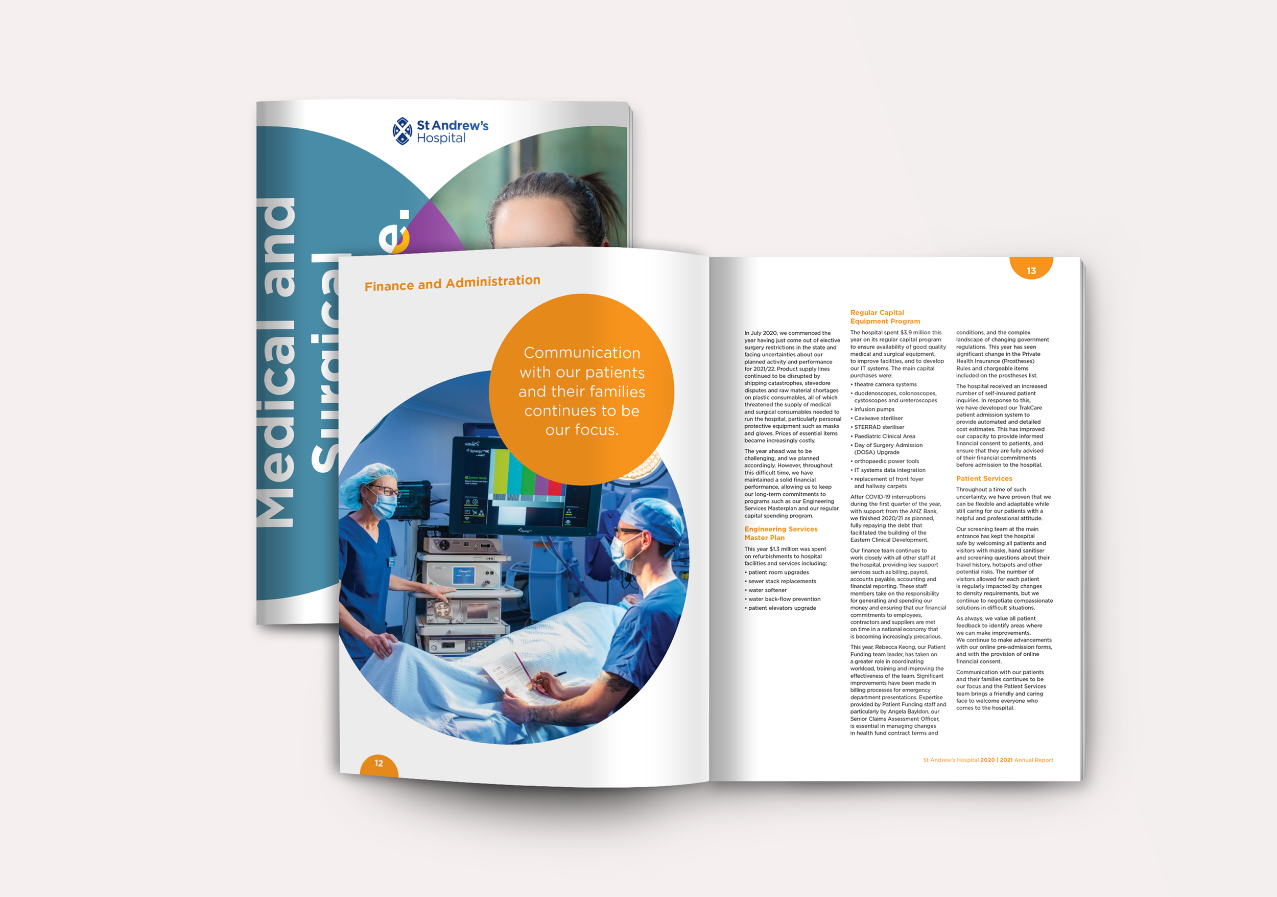 Open annual report of St. Andrew's Hospital showing pages with text, images of medical staff in surgery, and charts on the hospital's activities.