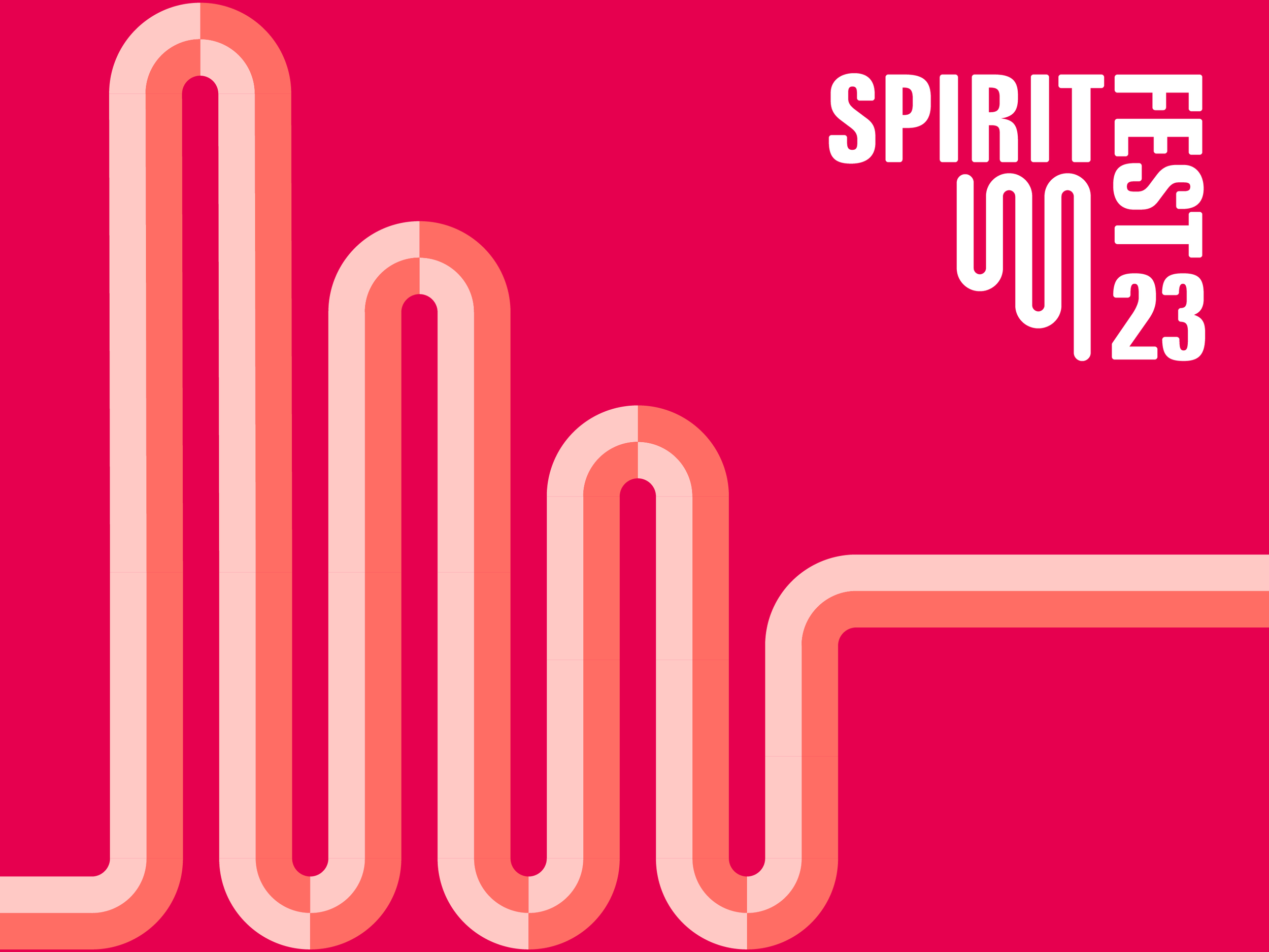 Colorful graphic with pink background featuring a series of vertical, rainbow-colored arches and the text 'FESTIVAL 2023' in large white letters on the right side.