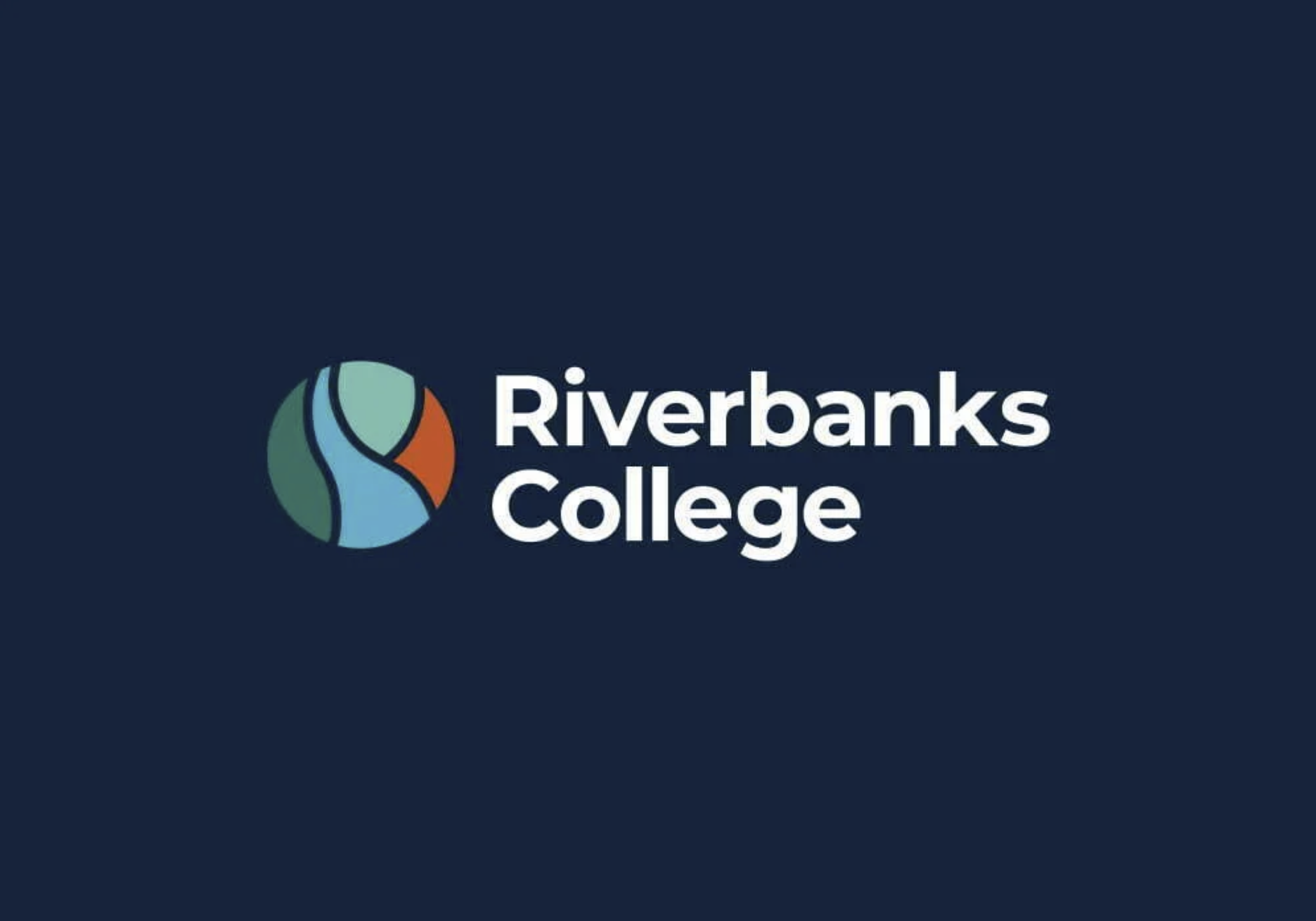 Logo for Riverbanks College featuring a circular design with abstract leaf and water elements in green, blue, and orange, alongside the college name in white text on a dark background.
