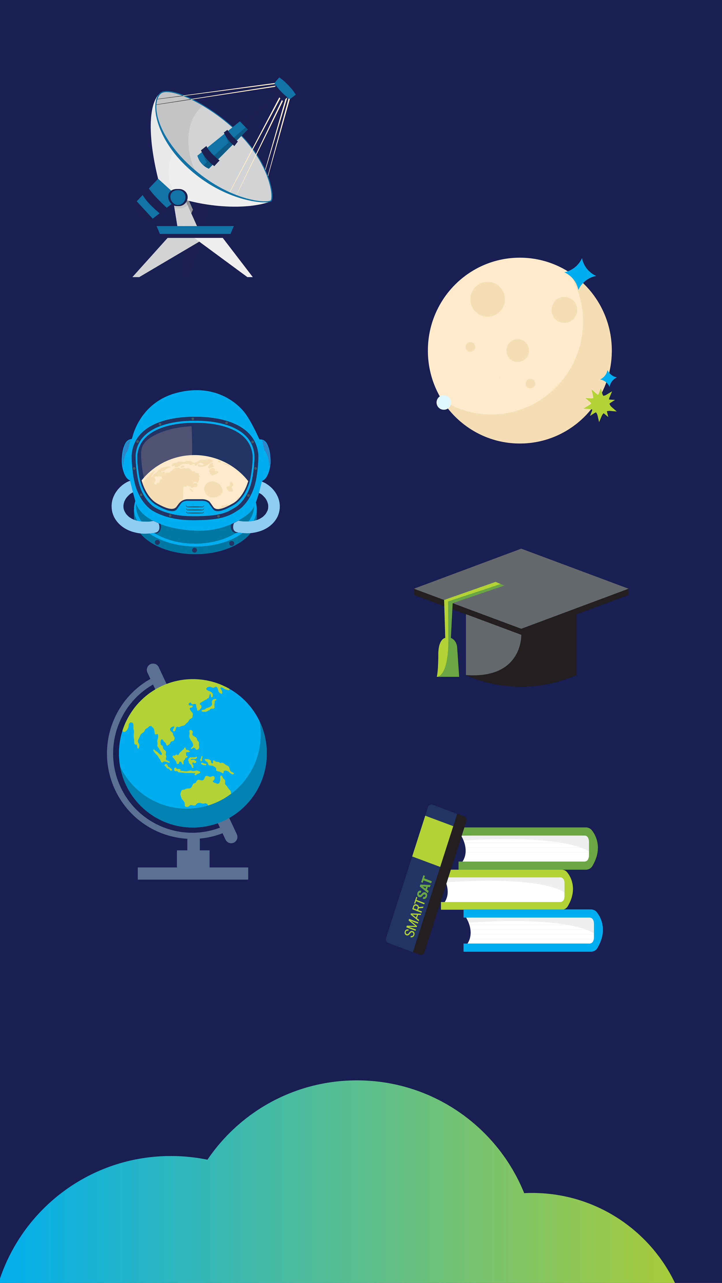 Digital illustration of space exploration objects including a satellite dish, astronaut helmet with earth reflection, moon with craters, a globe, a graduation cap, a science book labeled SMART SAT, and a cloud at the bottom.