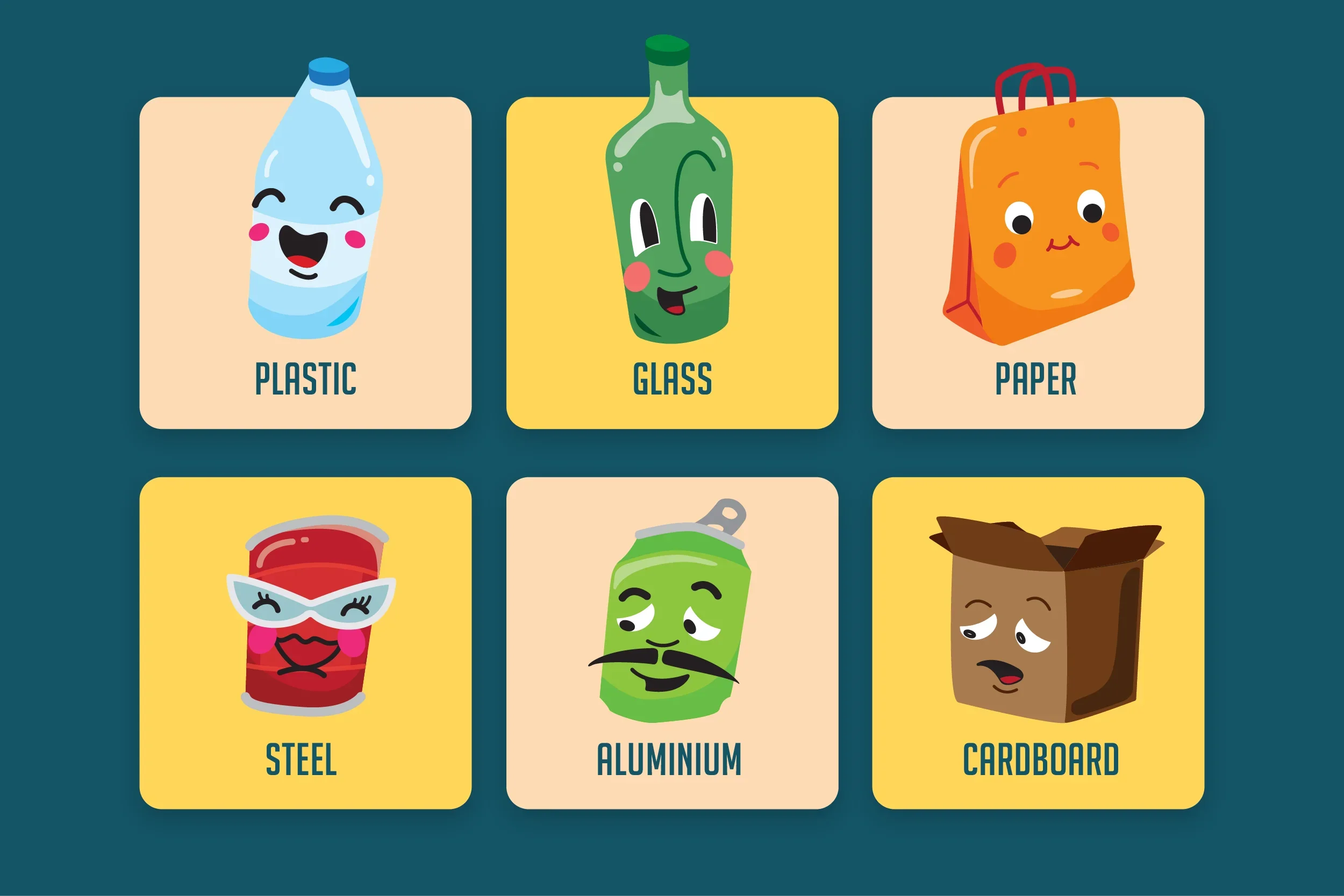 Cartoon illustrations of recyclable materials labeled plastic, glass, paper, steel, aluminum, and cardboard, each with a happy face.