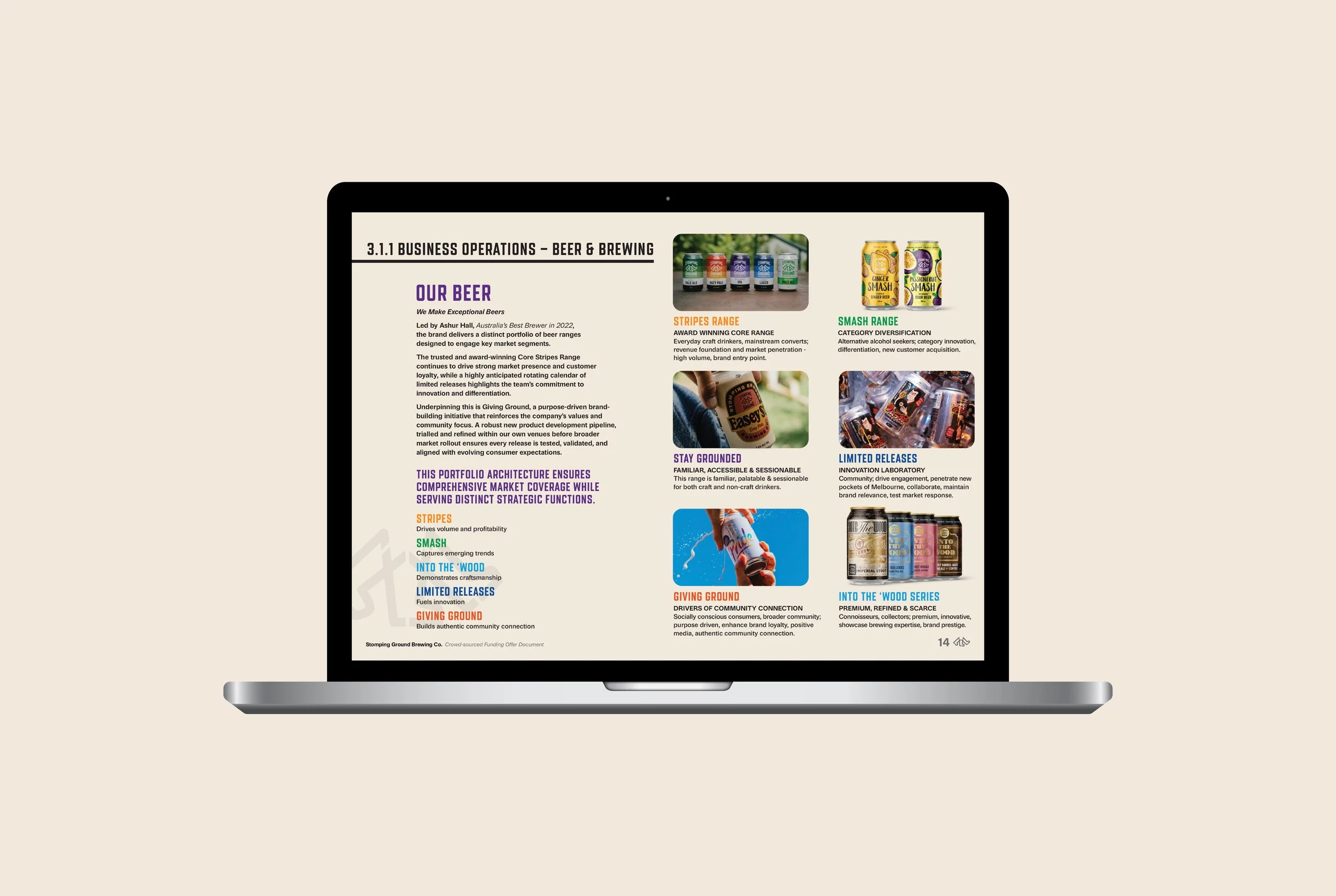 A laptop displaying a brewery product catalog with sections about beer ranges, community connection, and brewing innovation, featuring images of beer cans and bottles.